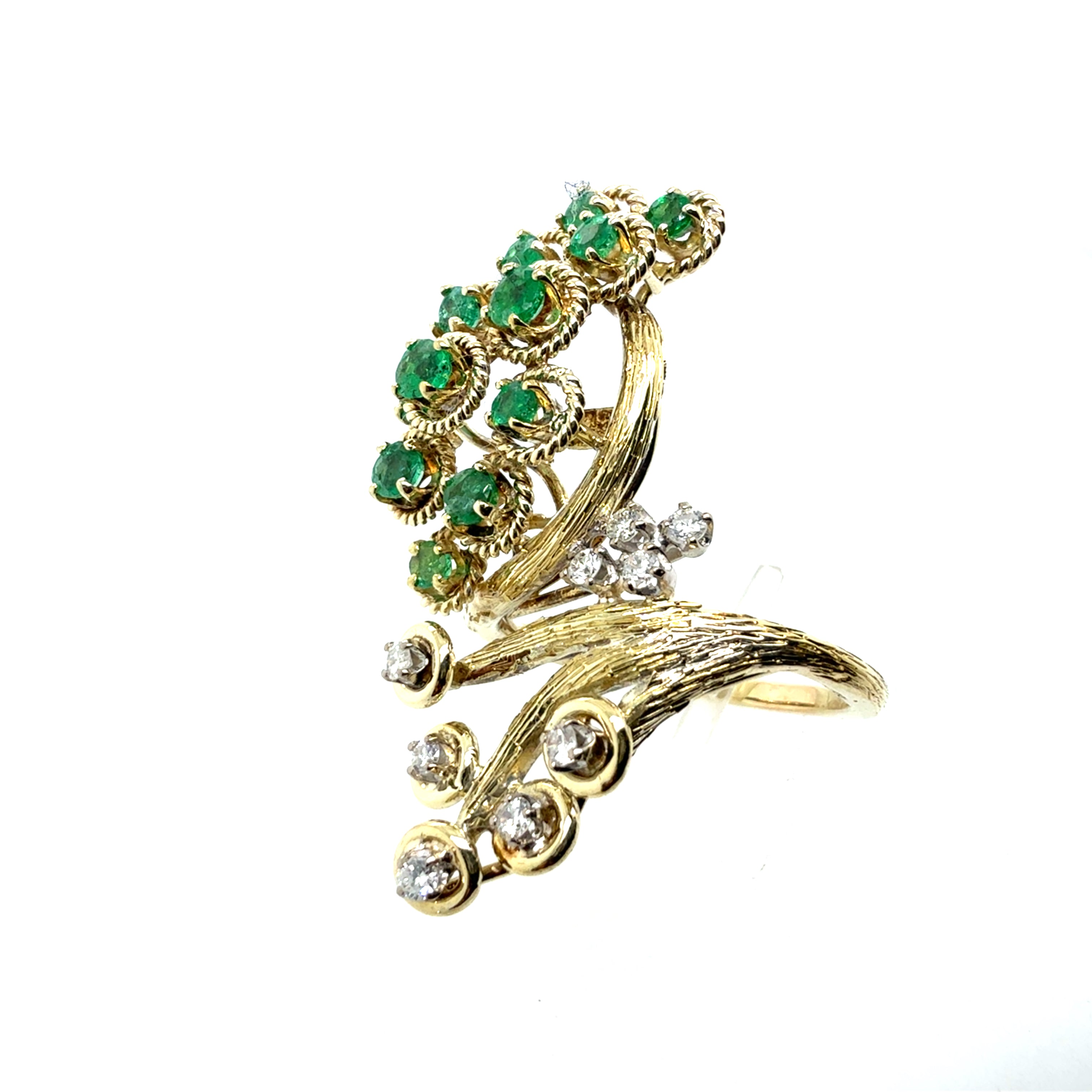 Retro Yellow Gold 0.65 CT Natural Diamond & Emerald Cocktail Ring Circa 1960
