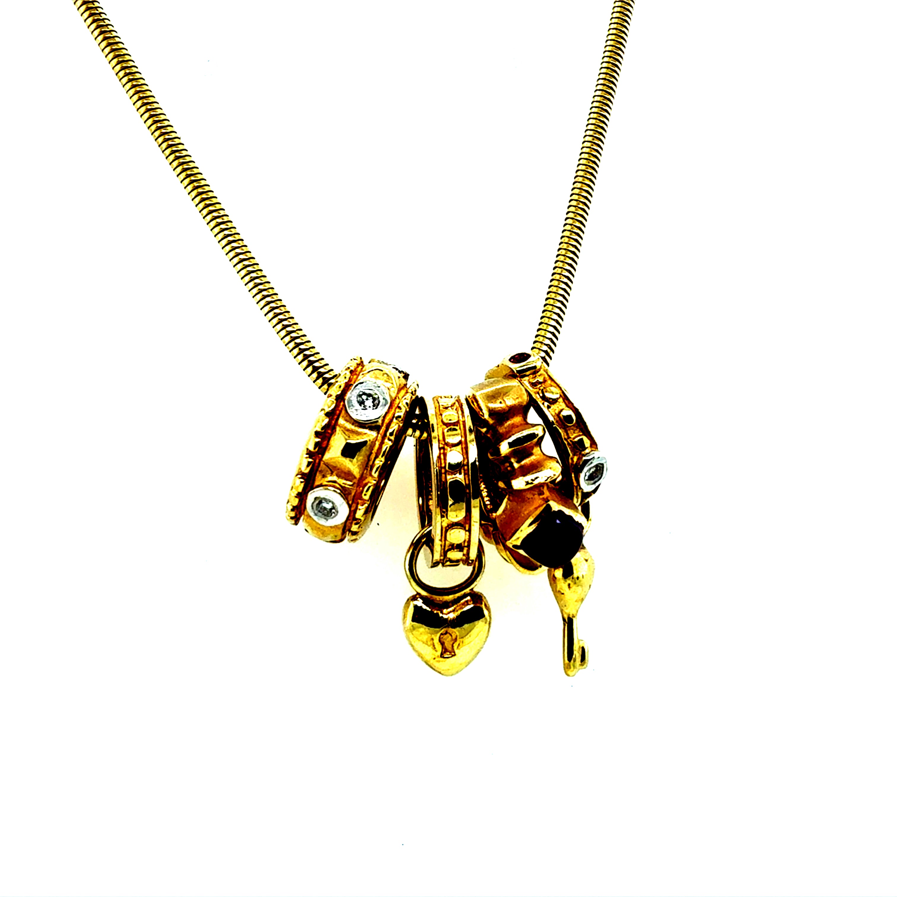 Retro Yellow Gold Designer Gemstone Charm Statement Necklace Circa 1980