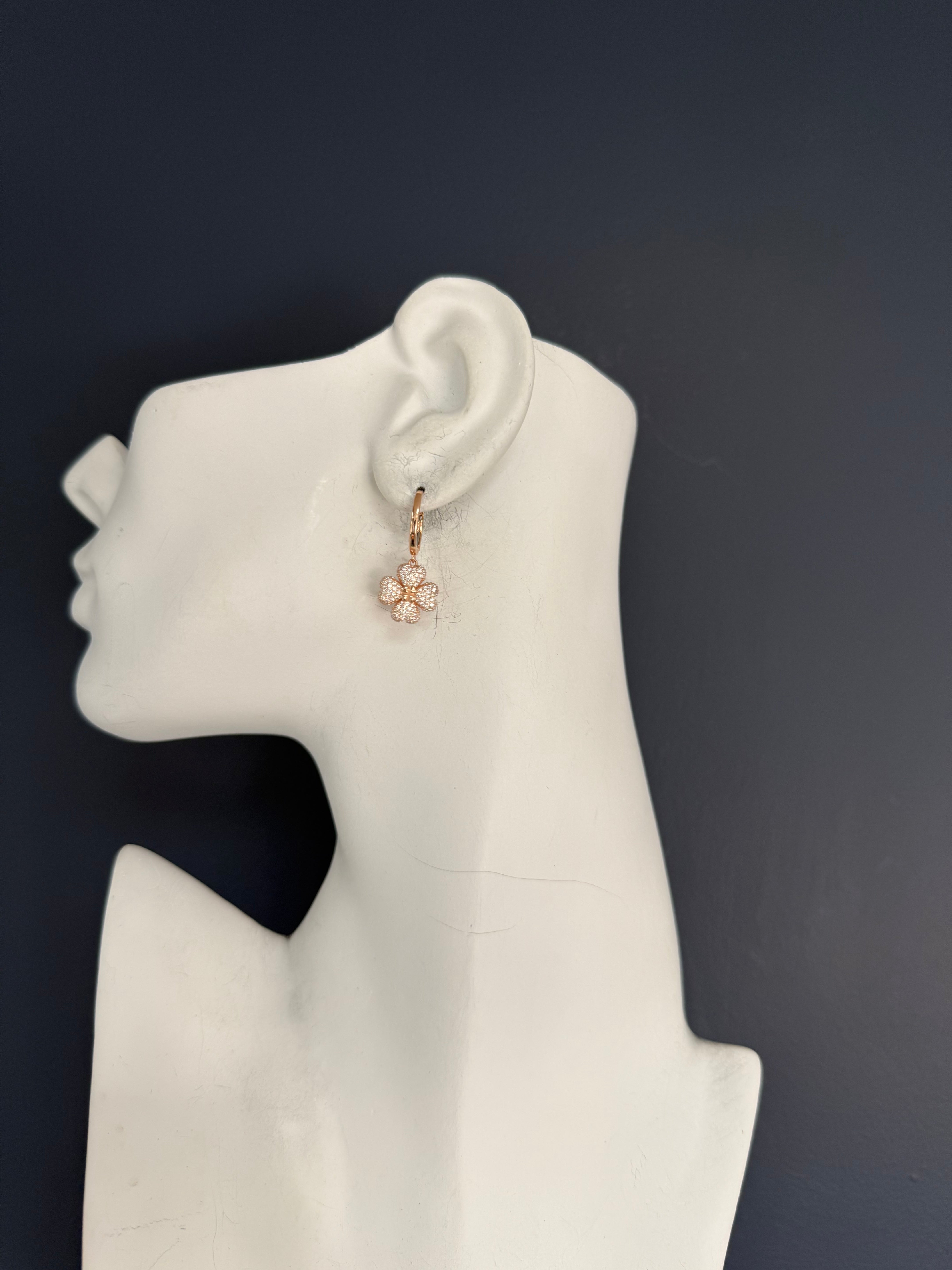 Modern 14K Rose Gold 1.25ct Natural Diamond Flower Clover Drop Earrings