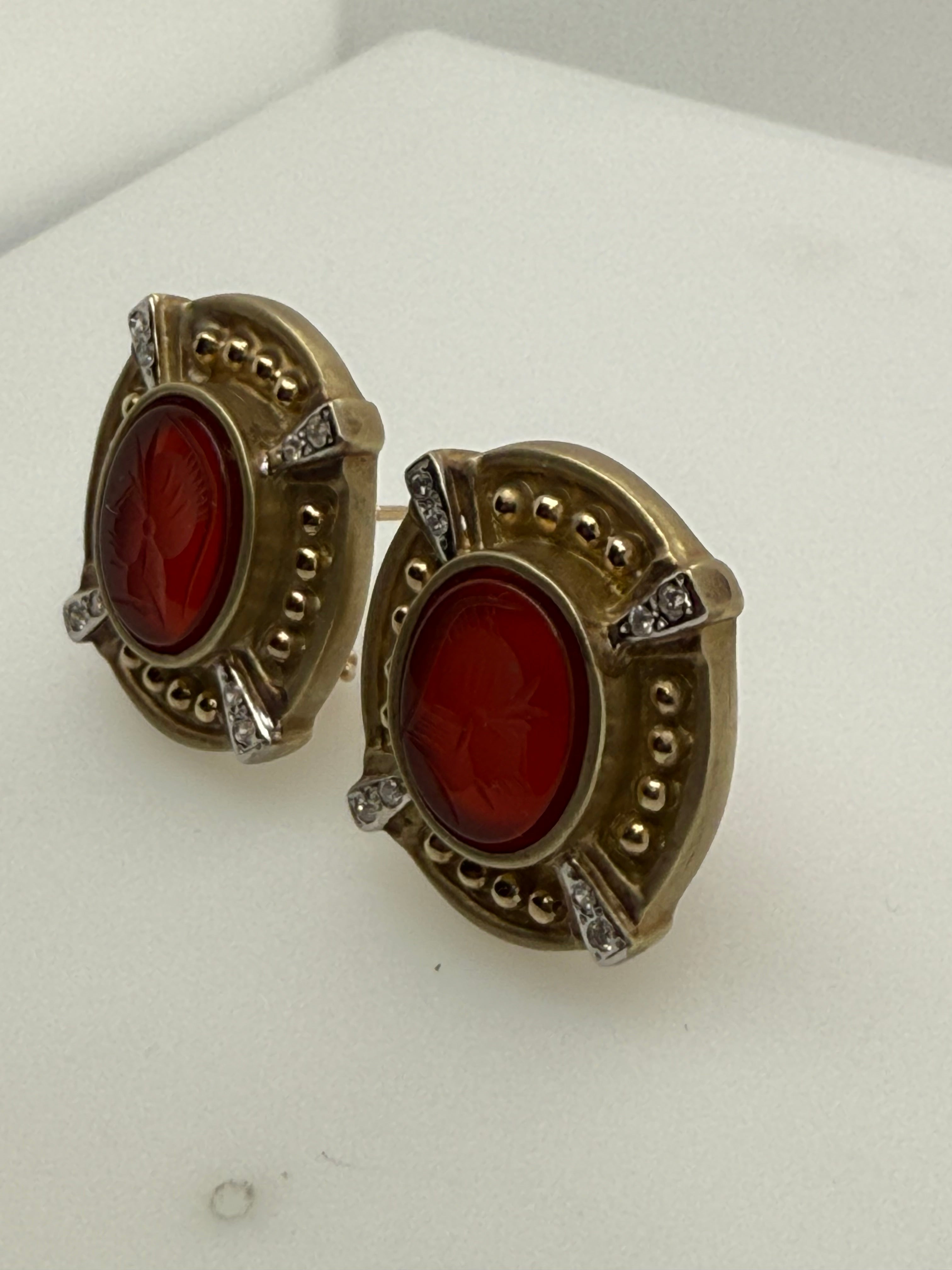 Retro Gold Natural Diamond and Roman Carnelian Intaglio Statement Earrings