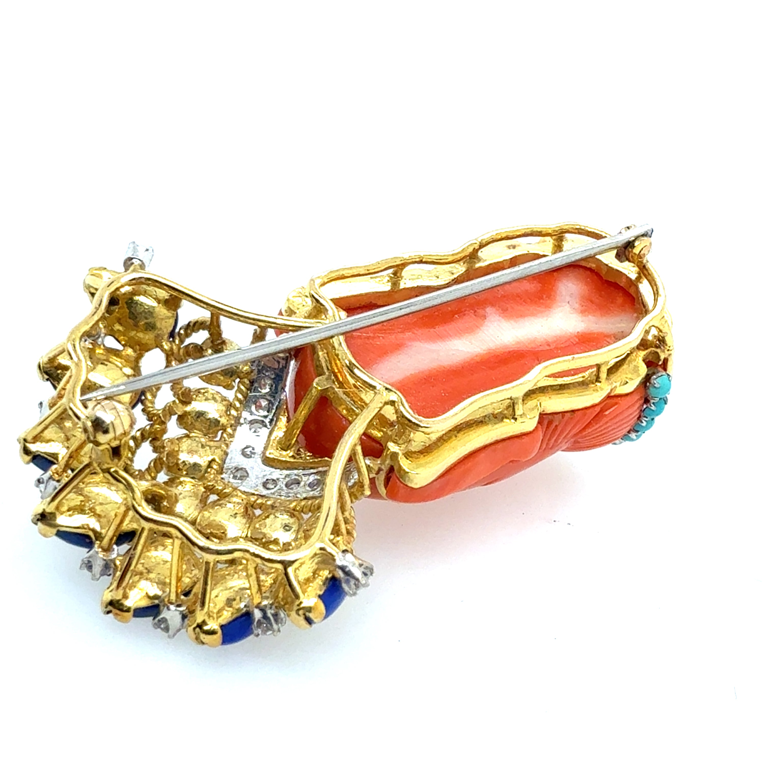 Retro Gold Buddha Turquoise Lapis & Diamond Brooch-Pin Circa 1950