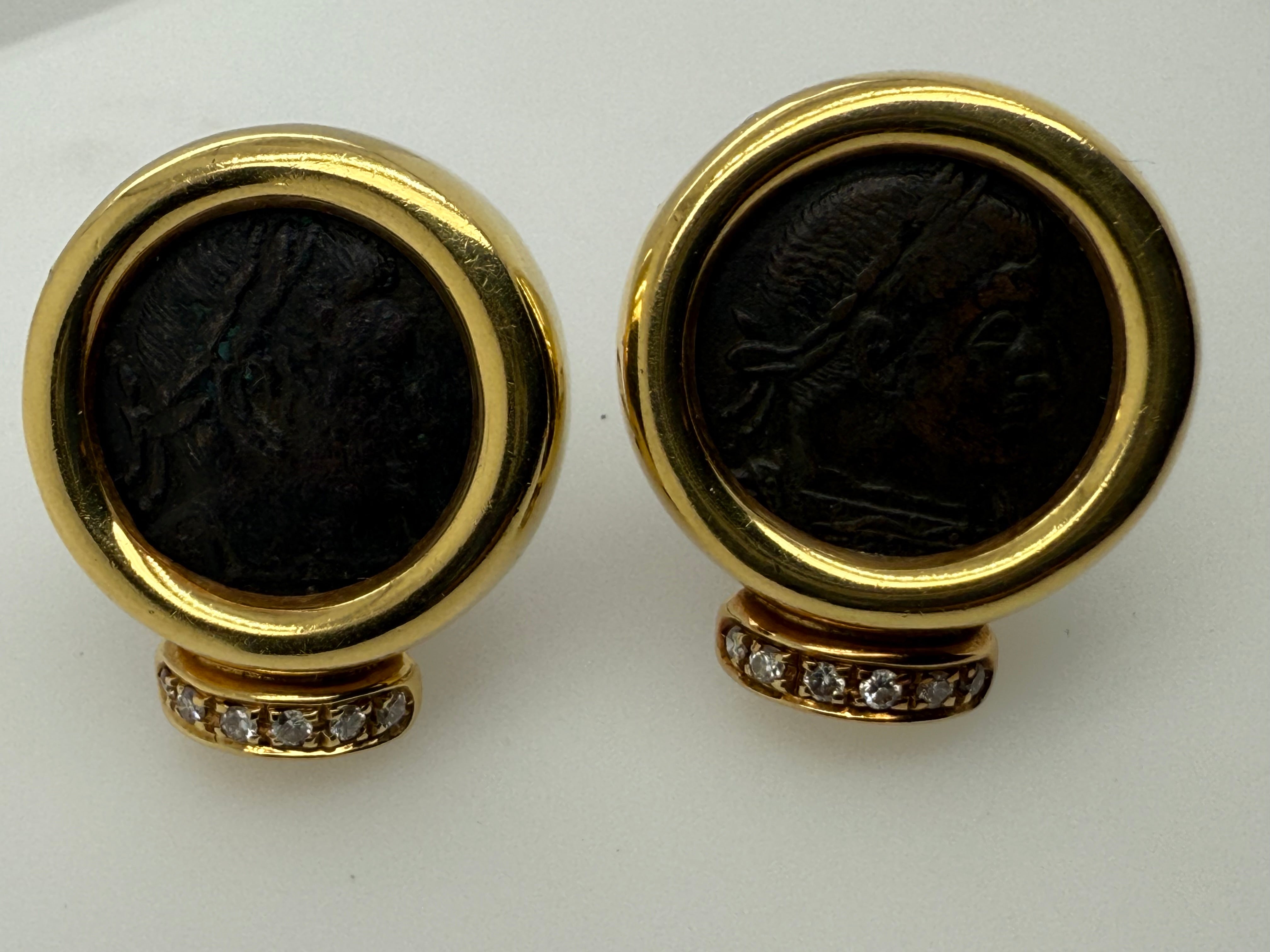 Retro Yellow Gold Roman Constantine Coin & Natural Diamond Statement Earrings