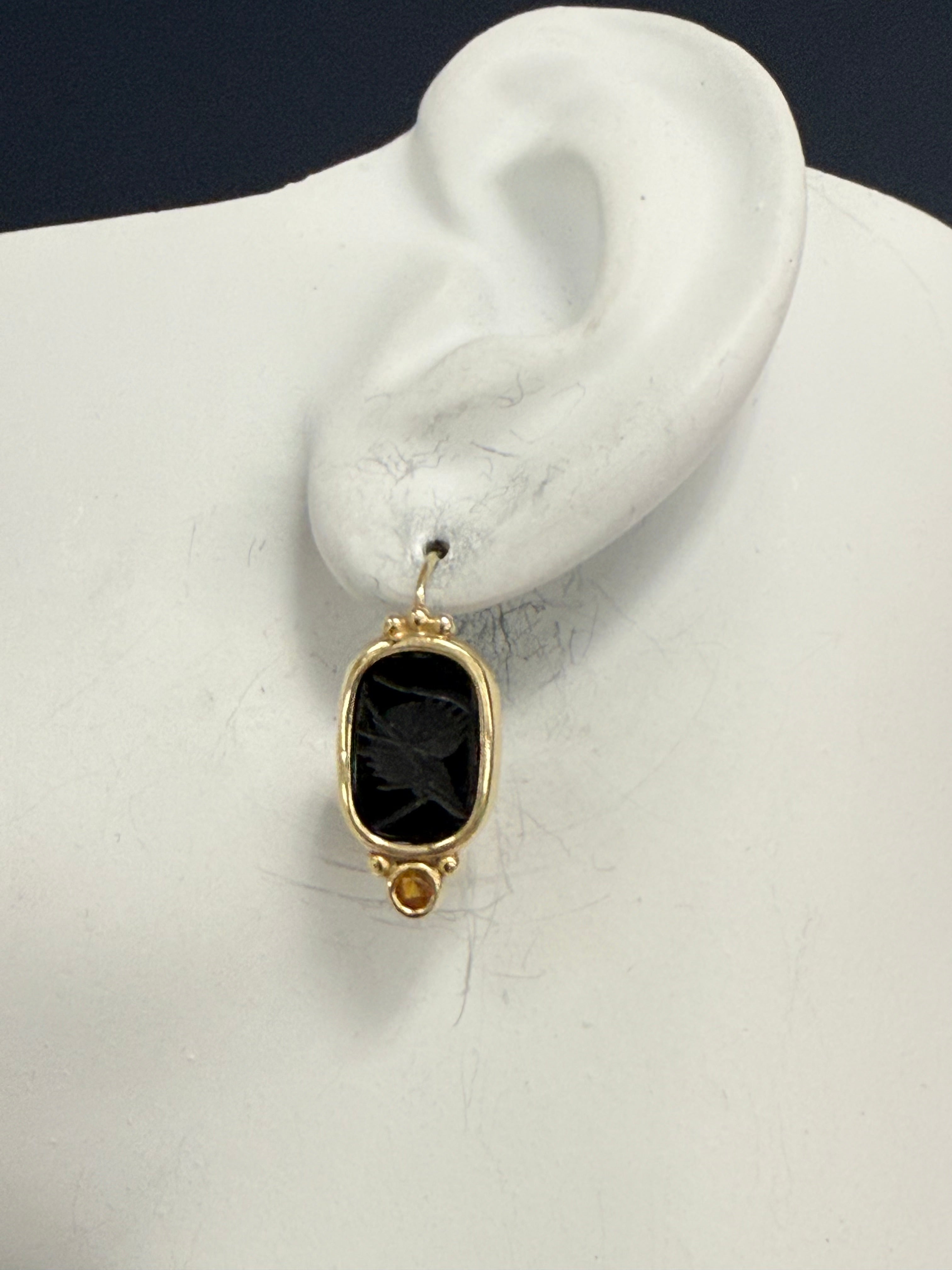 Retro Gold Roman Black Onyx Intaglio Earrings with Citrine 1985