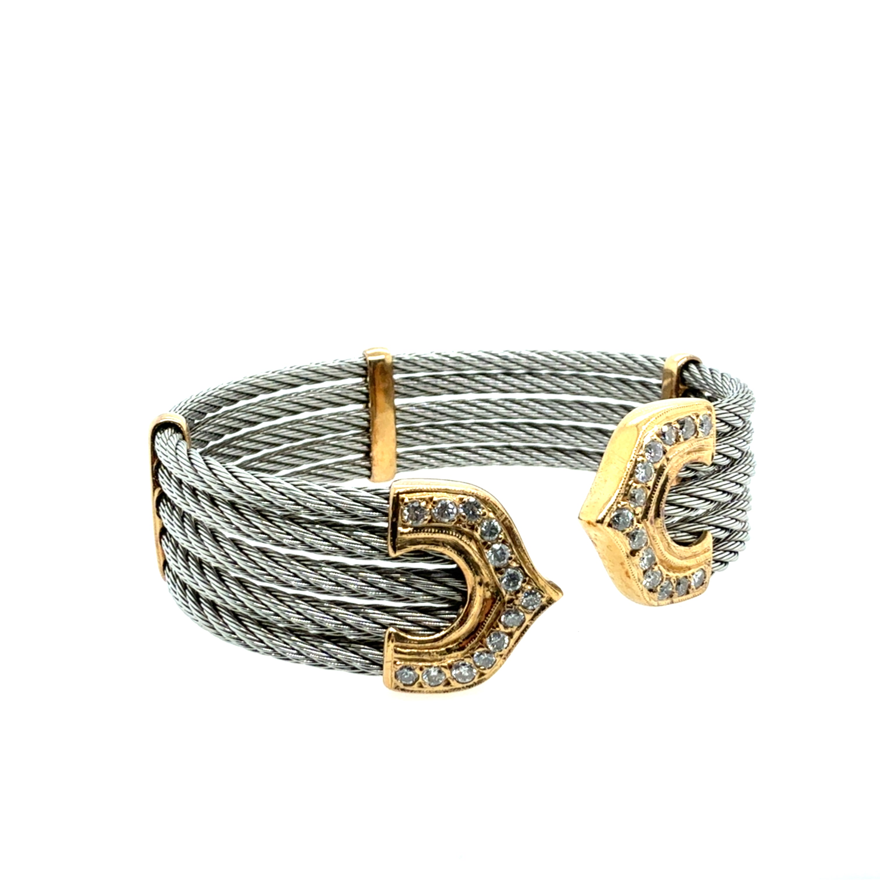 Retro Yellow Gold & Steel 0.50 Carat Natural Diamond Flexible Cuff Italy 1990