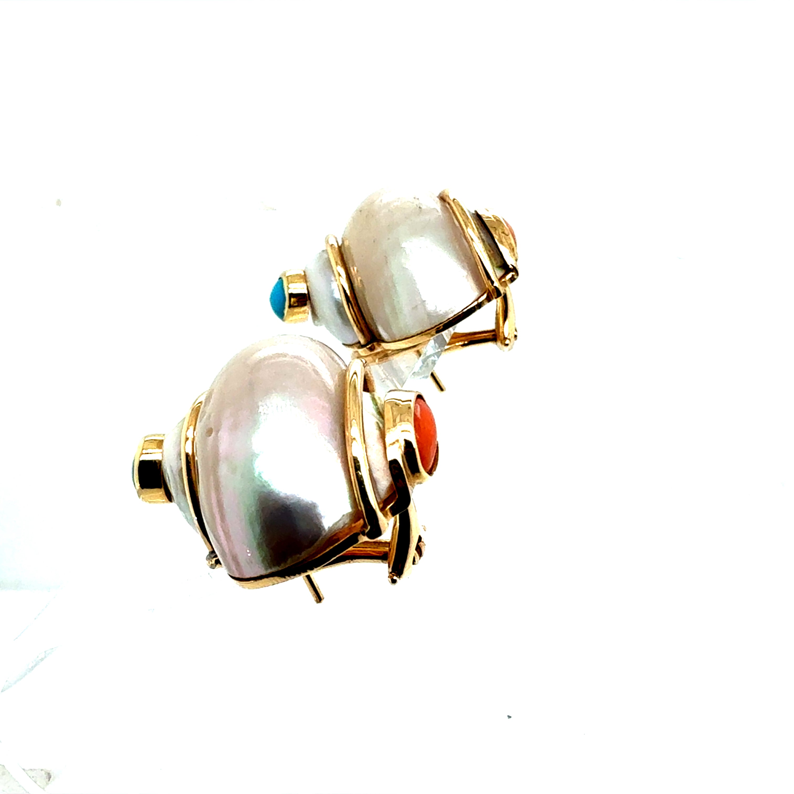 Retro Gold Seaman Schepps Turbo Shell Turquoise & Coral Statement Earrings