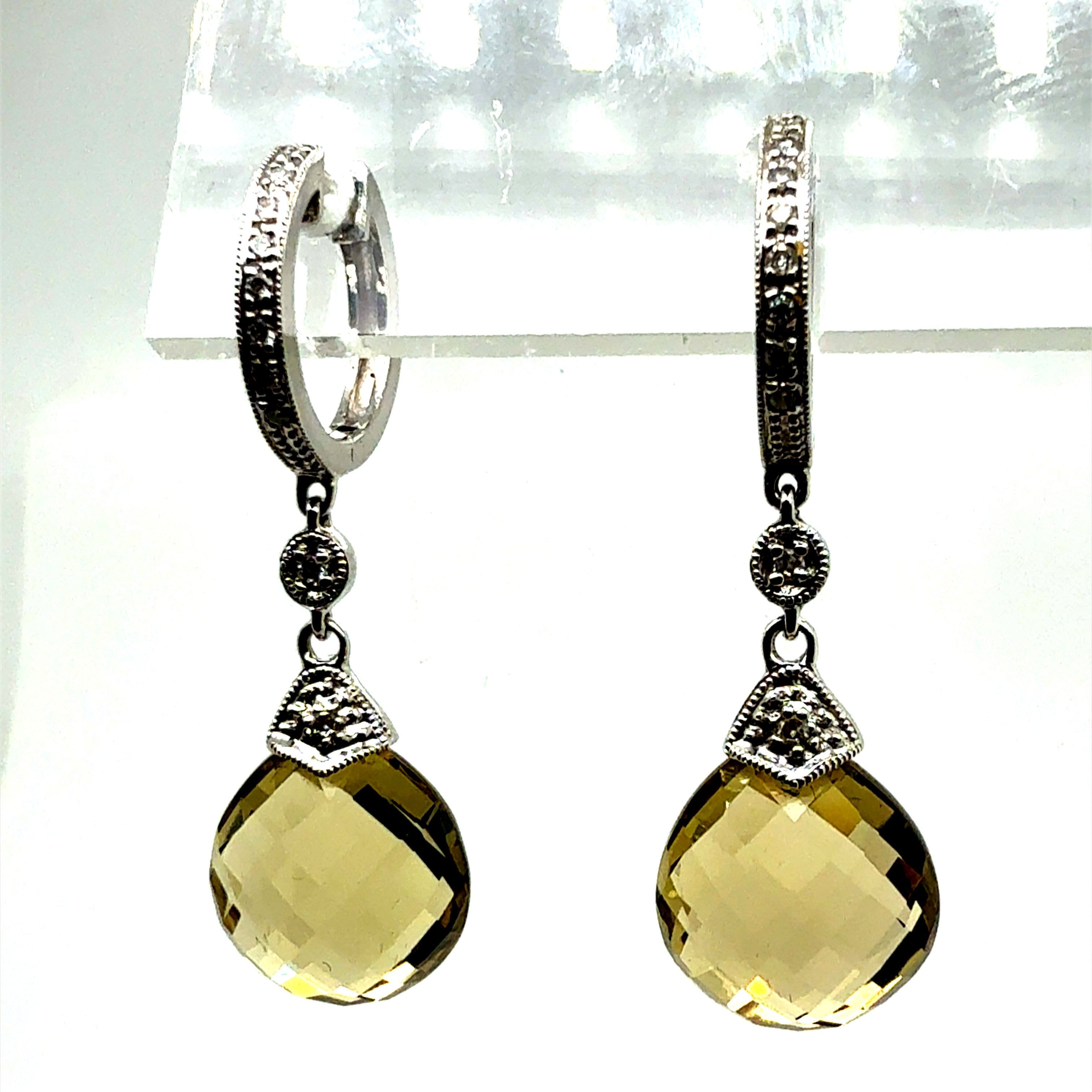 Modern 14K White Gold Rose-Cut Citrine Quartz and Natural Diamond Drop Earrings
