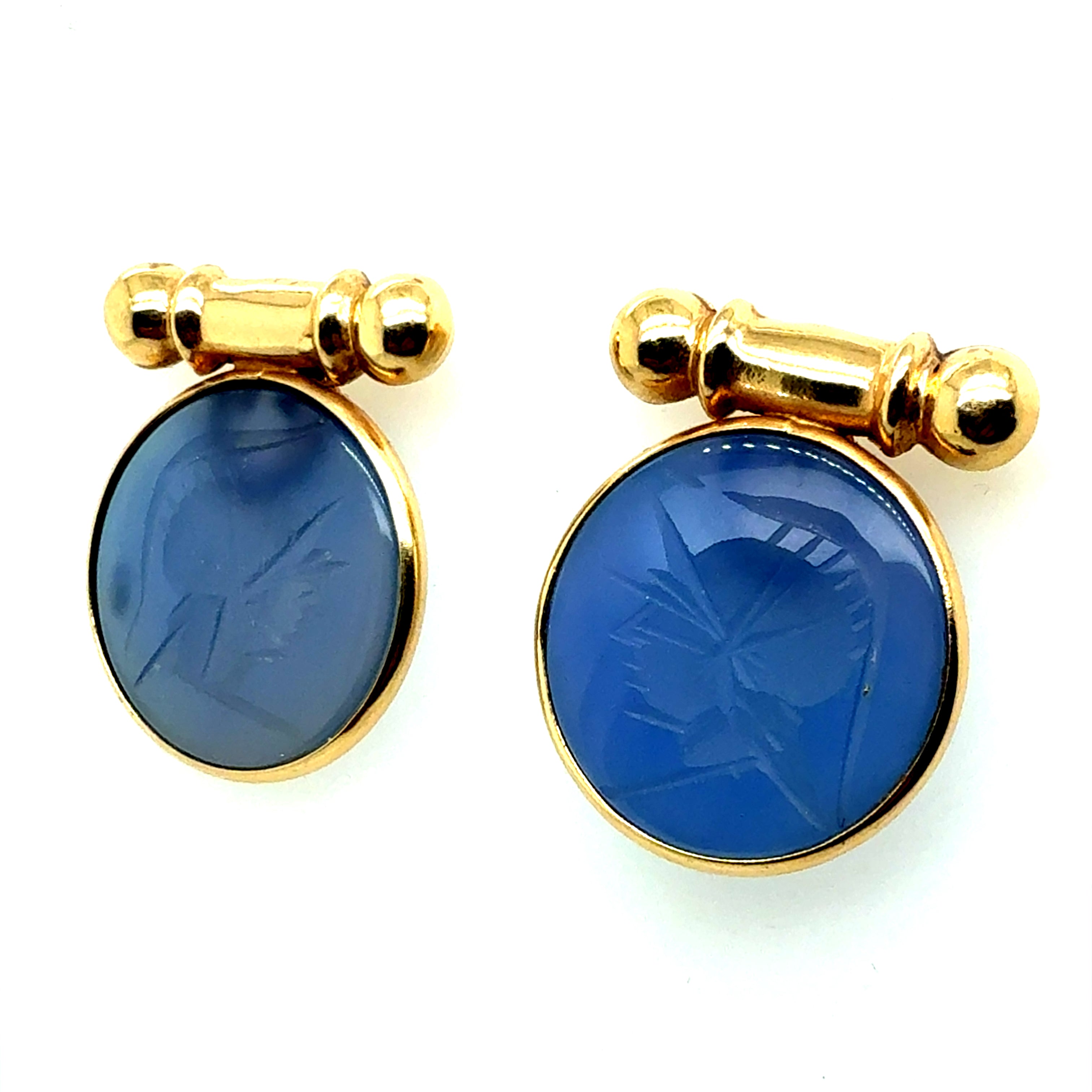 Retro Gold Earrings Bezel Set with Blue Roman Carnelian Intaglio Circa 1980