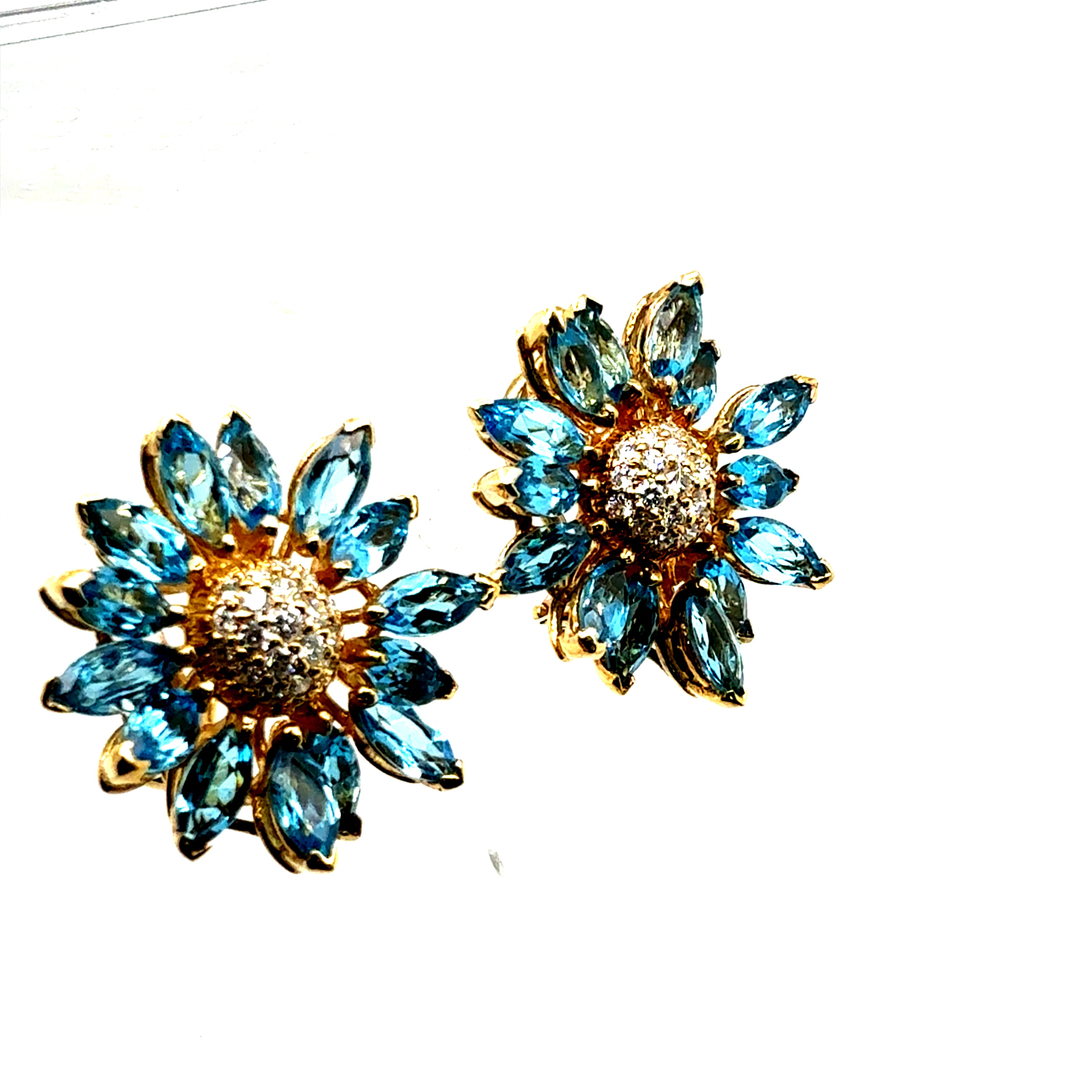 Retro Gold Natural Marquise London Blue Topaz Diamond Floral Earrings Circa 1970