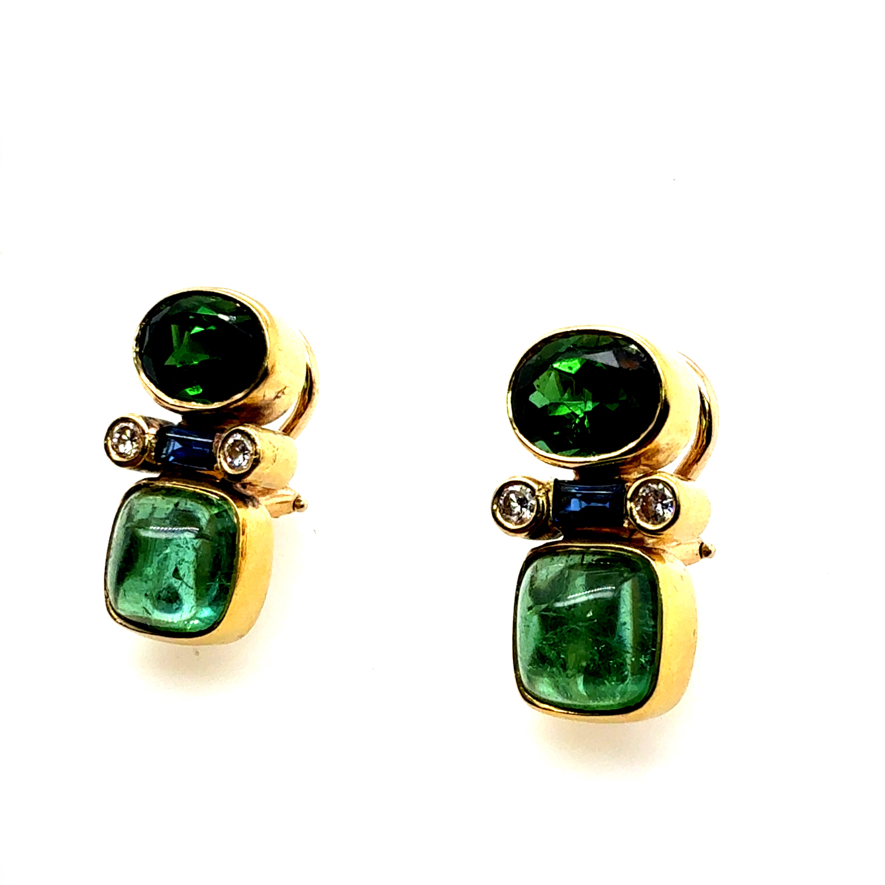 Retro Gold Natural Diamond and Tourmaline Statement Earrings, Circa 1970
