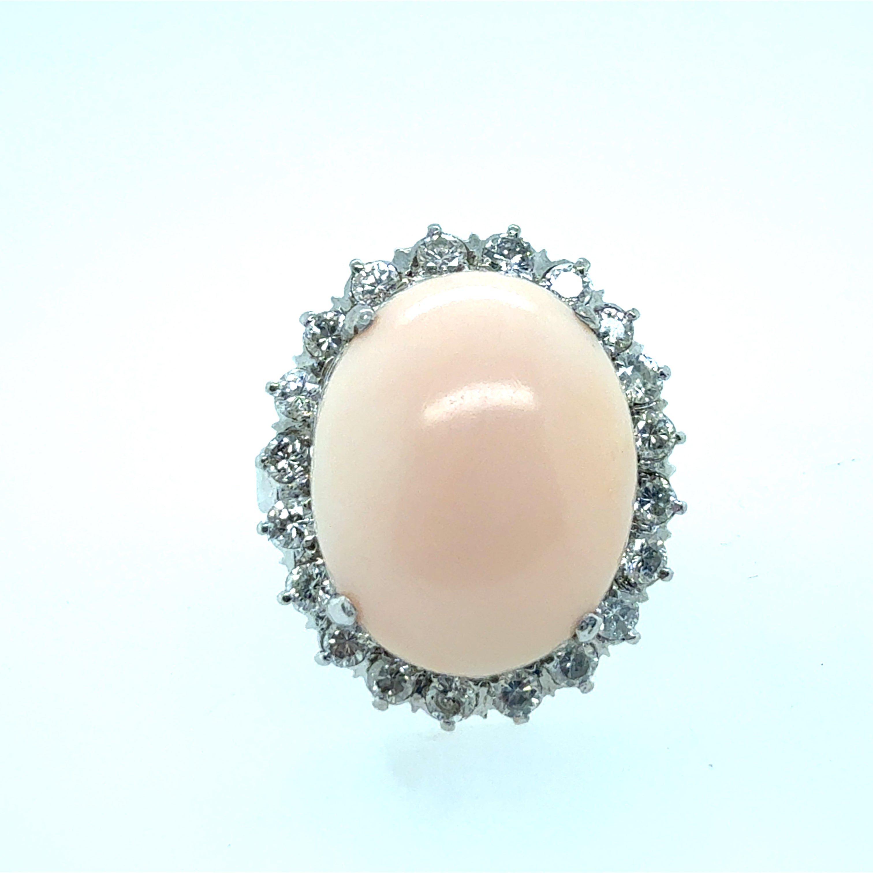 Retro White Gold Pink Coral & Natural Diamond Statement Ring Circa 1970