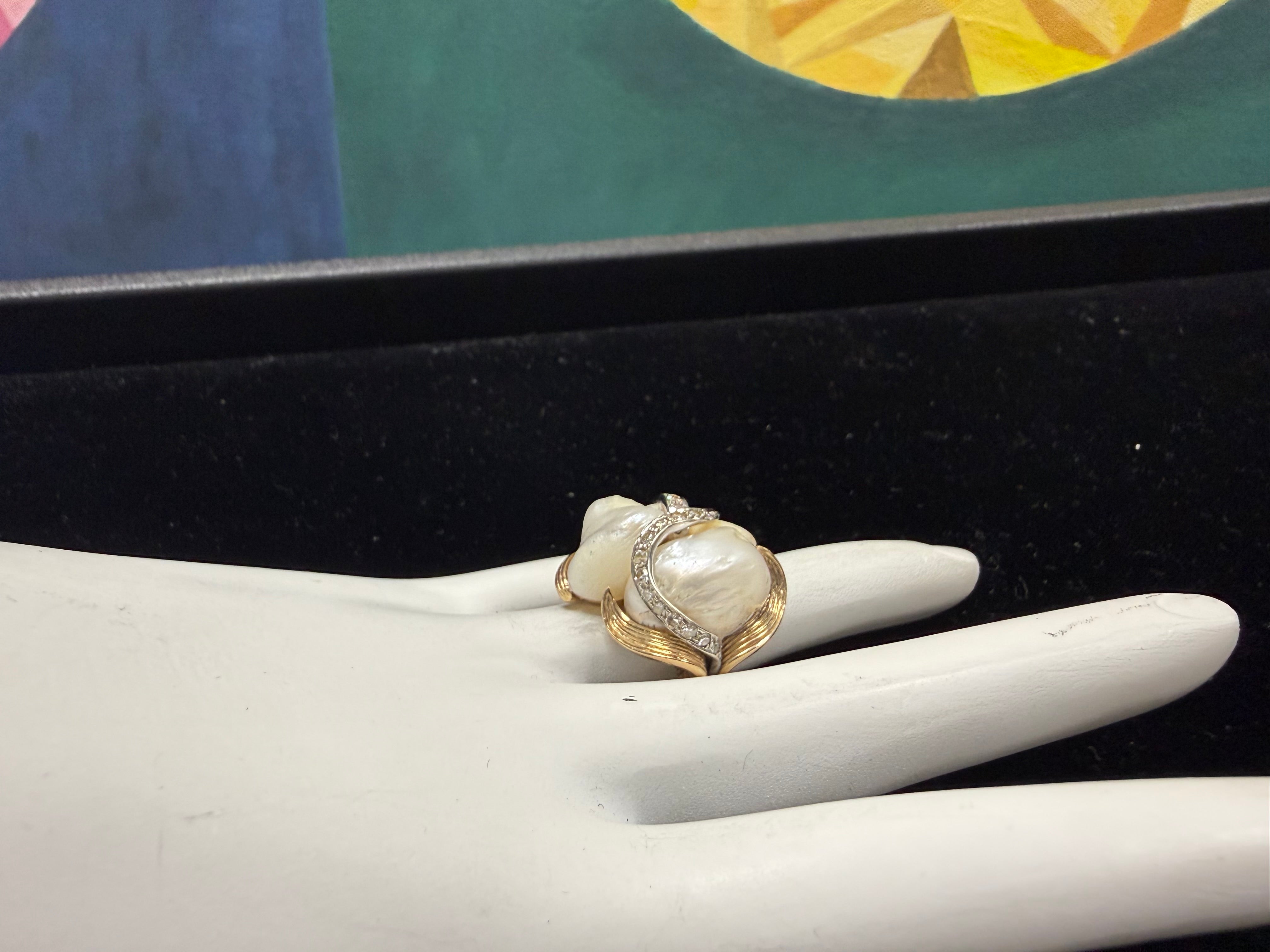 Retro Yellow Gold 0.75 Carat Natural Diamond and Pearl Cocktail Ring Circa 1960
