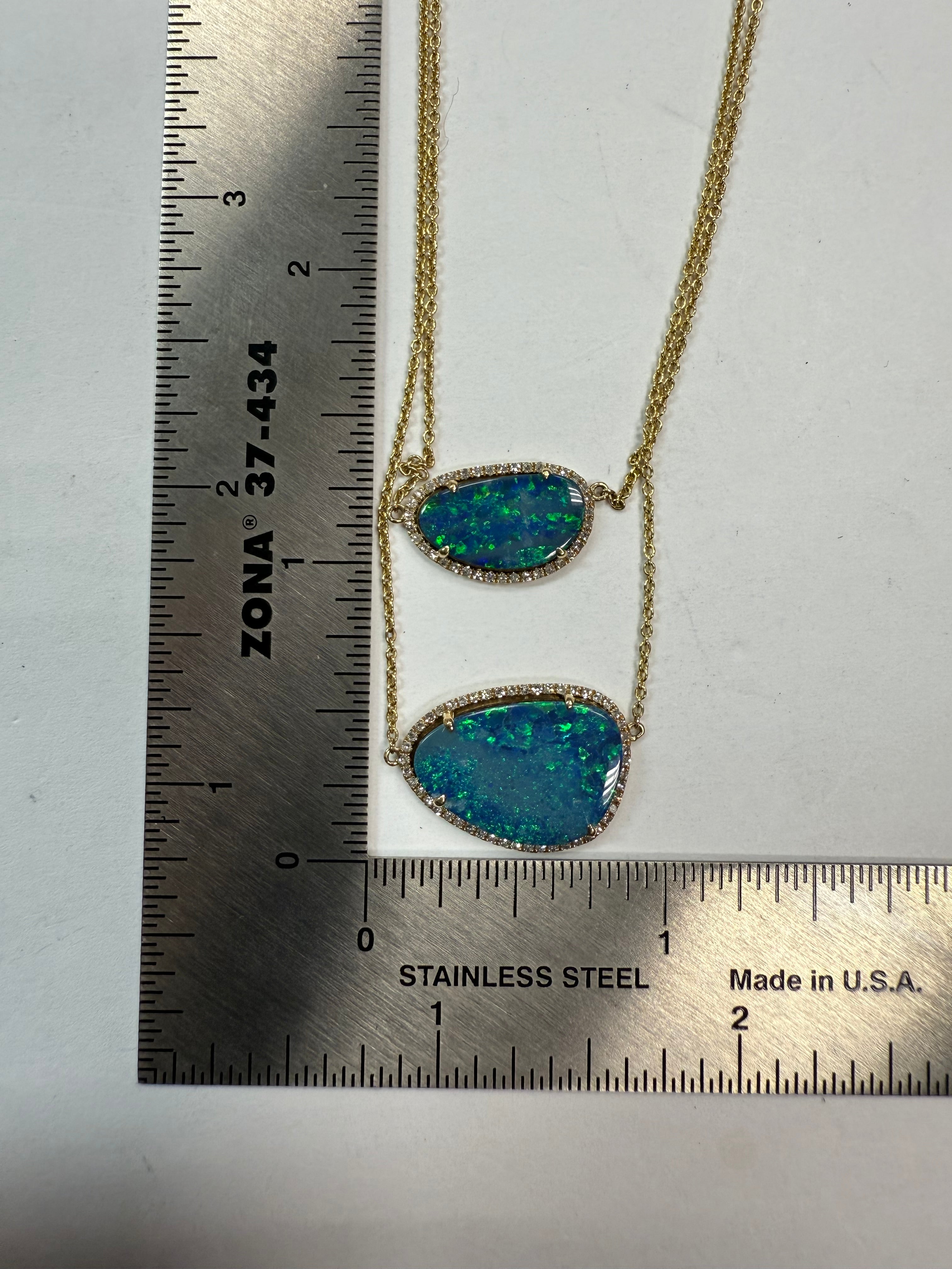 Modern 14K Gold Opal Doublet & Natural Diamond Two Strand Statement Necklace