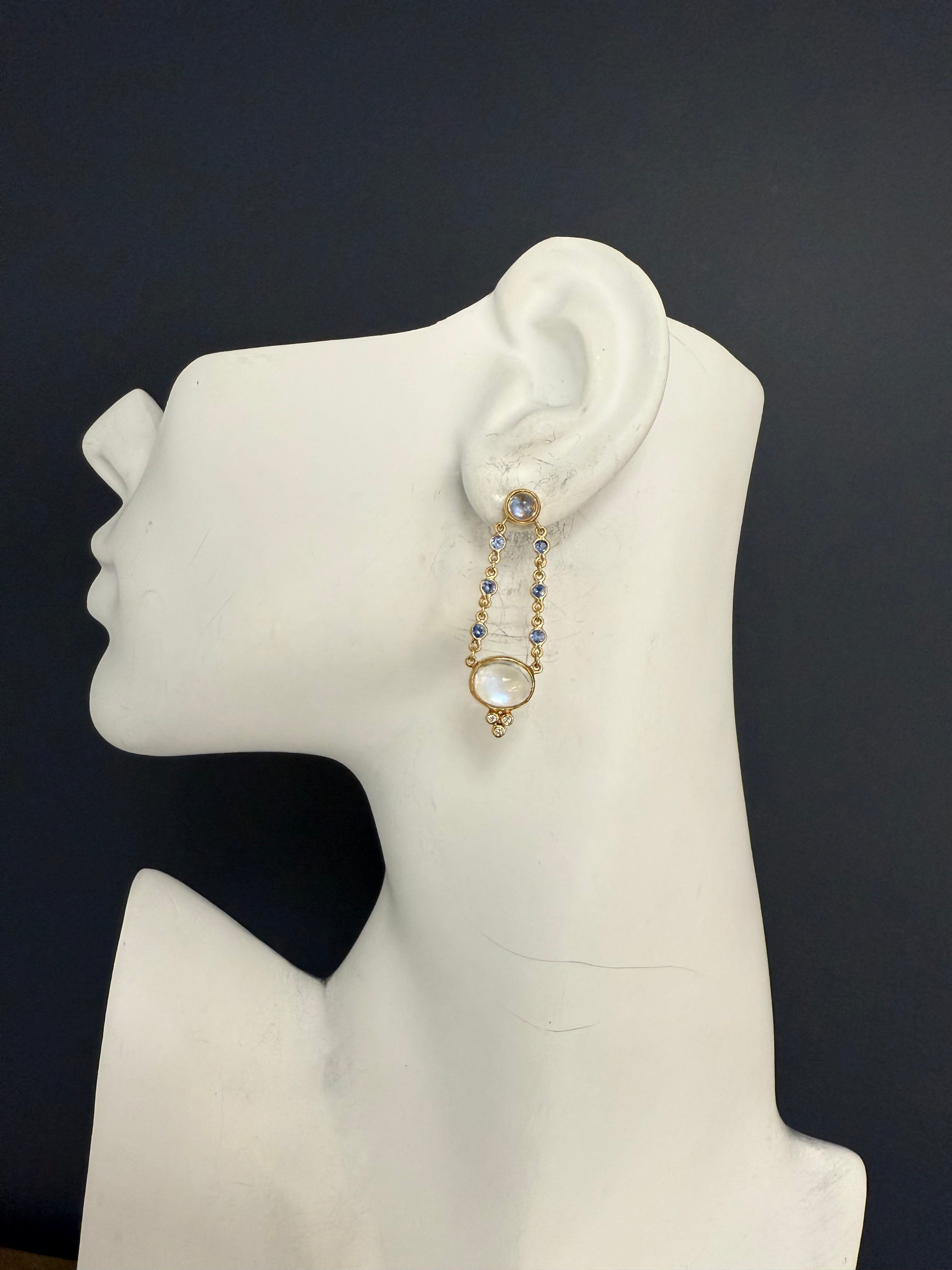 Retro Gold Moonstone CAB, Tanzanite & Natural Diamond Drop Earrings 1980