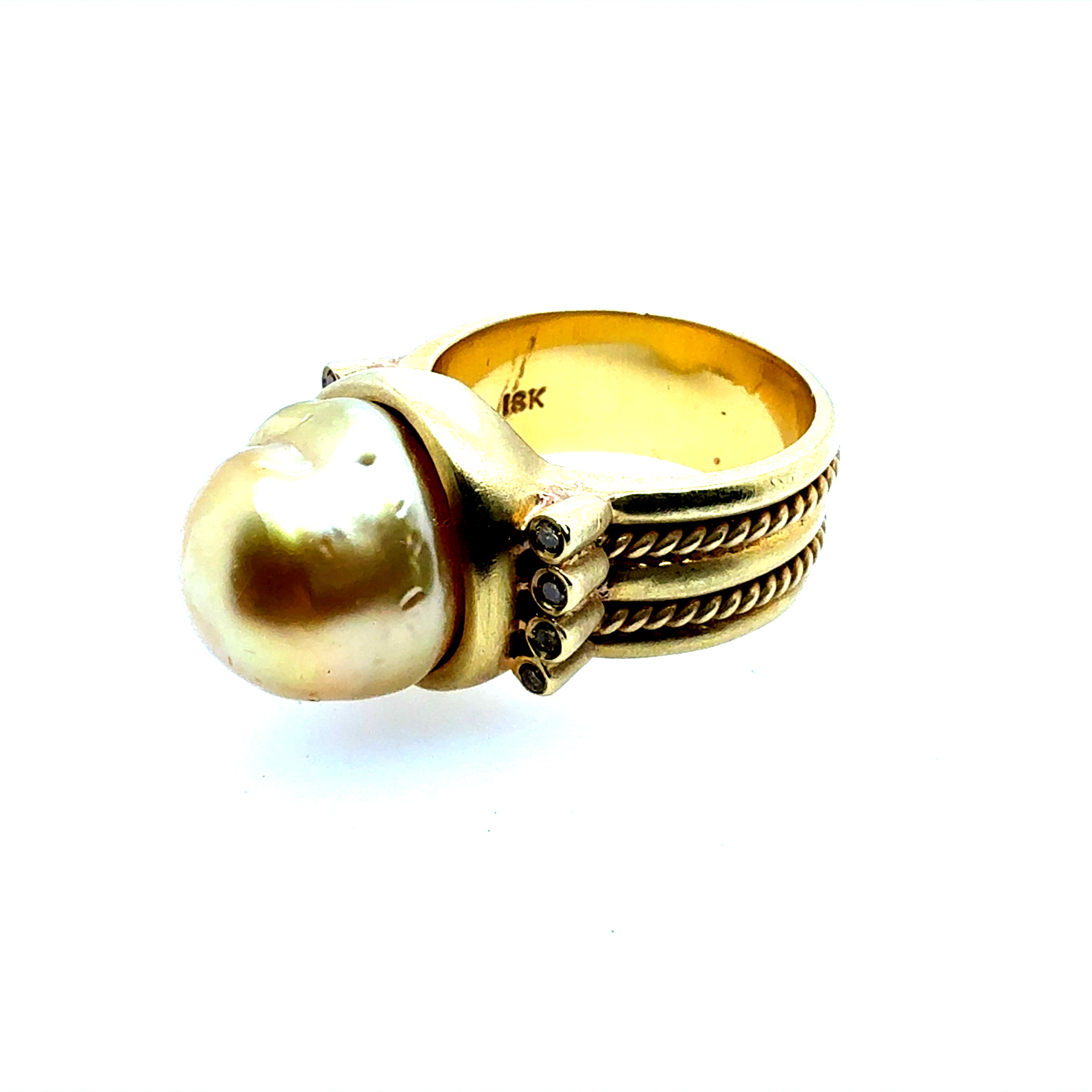 Retro Gold Natural Vivid Yellow Diamond & Golden South Sea Pearl Ring Circa 1990
