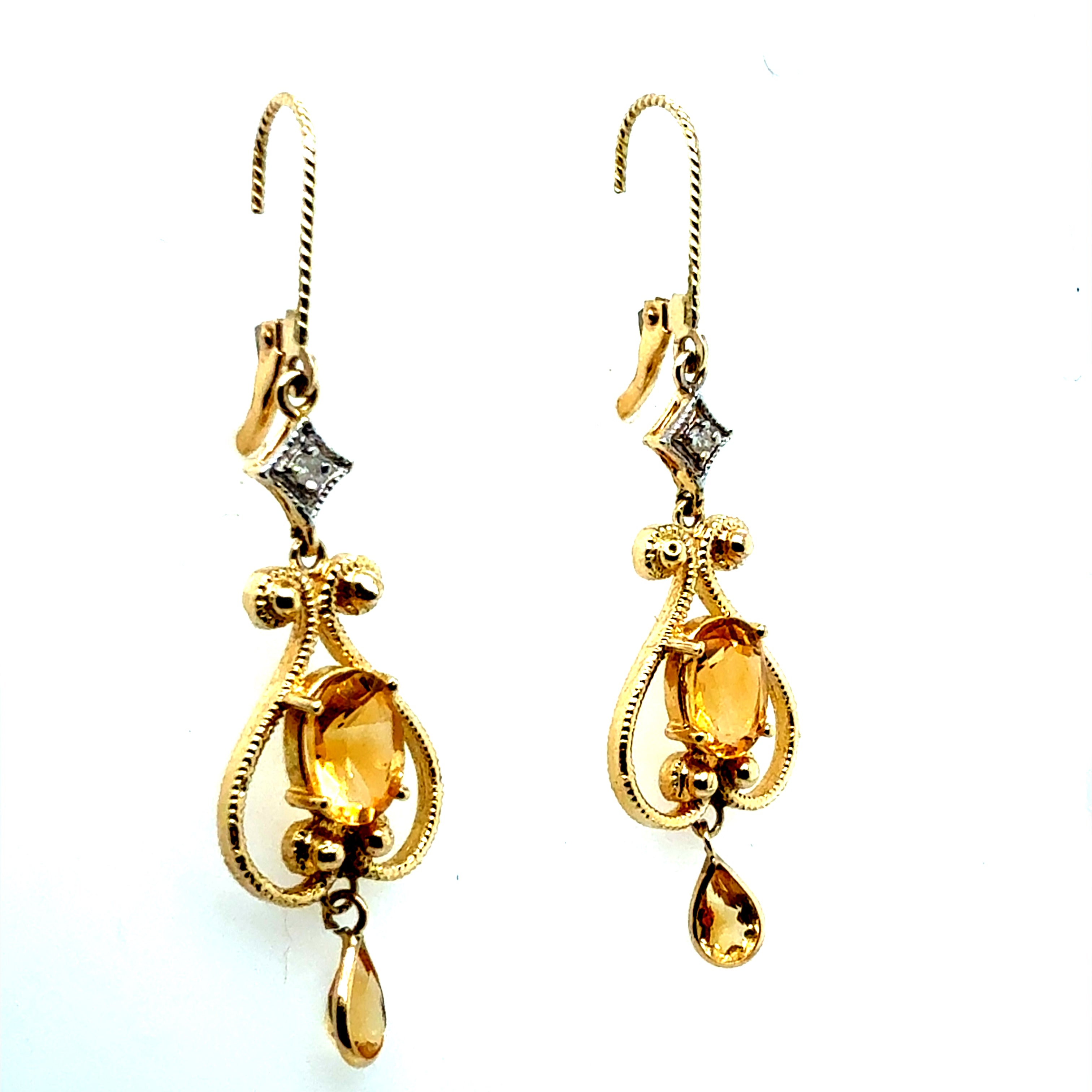 Modern Yellow Gold Natural Citrine Quartz and Diamond Drop Earrings