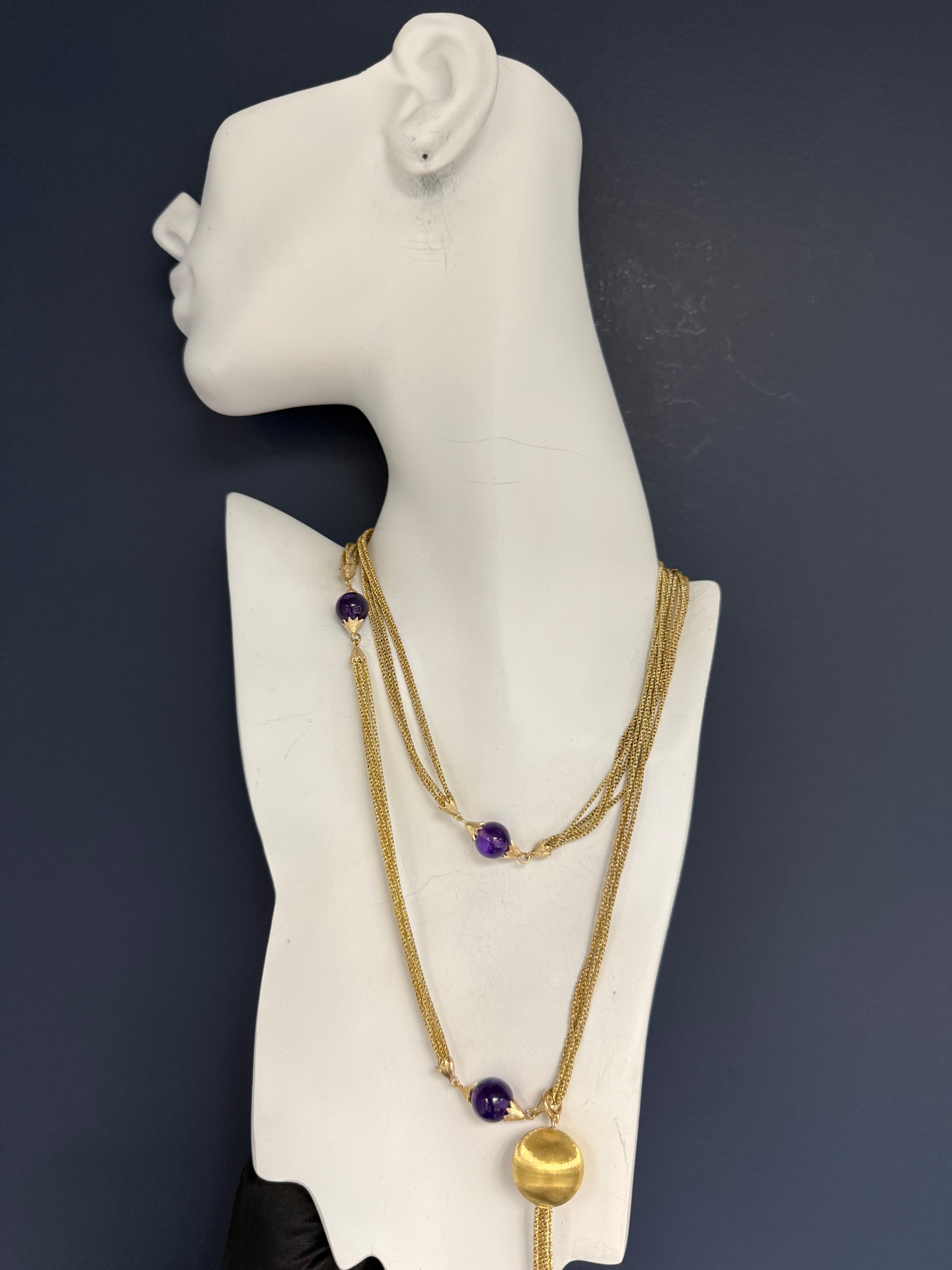 Retro 18K Gold Five Strand Amethyst Opera Necklace Circa 1970