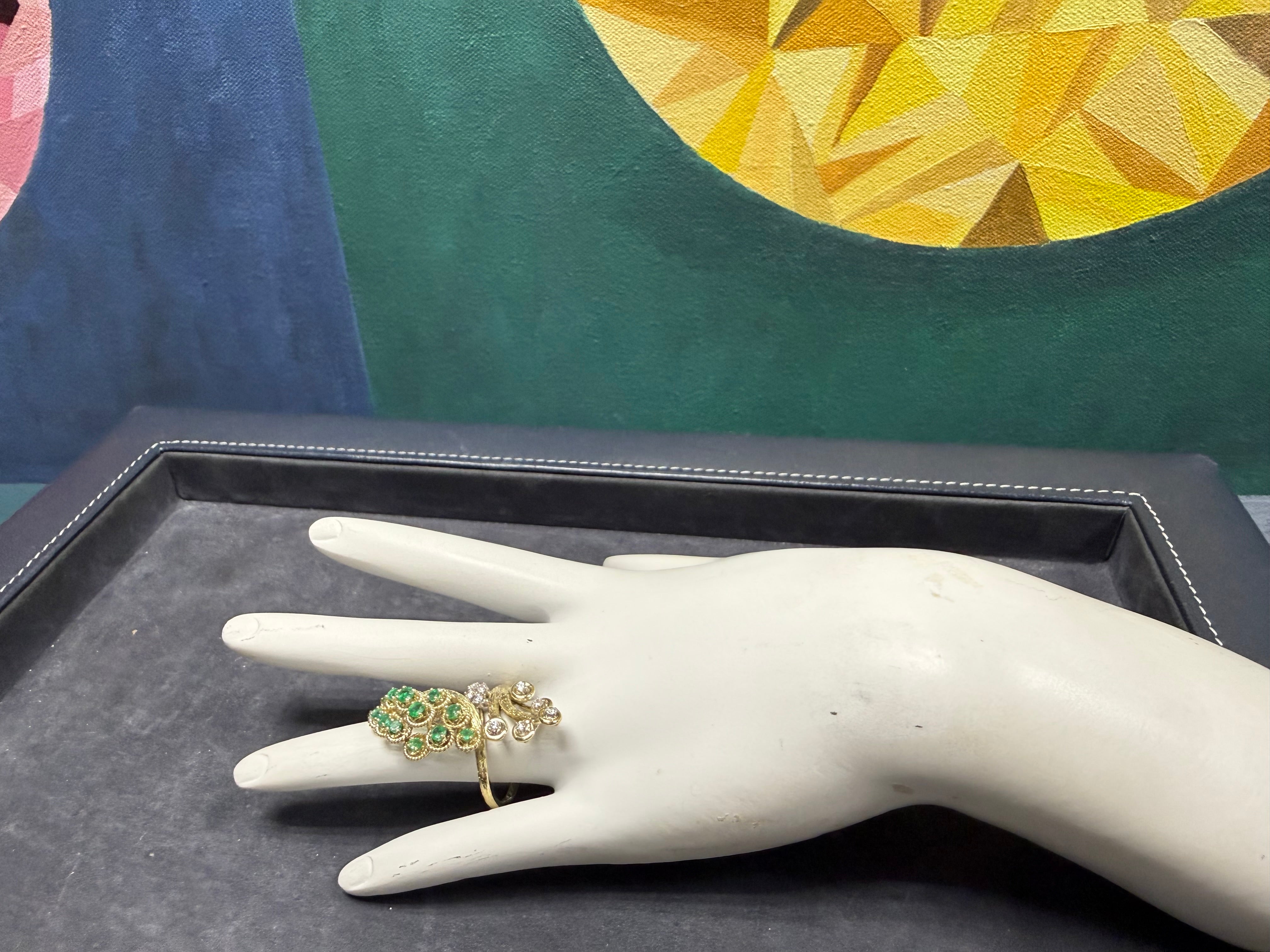 Retro Yellow Gold 0.65 CT Natural Diamond & Emerald Cocktail Ring Circa 1960