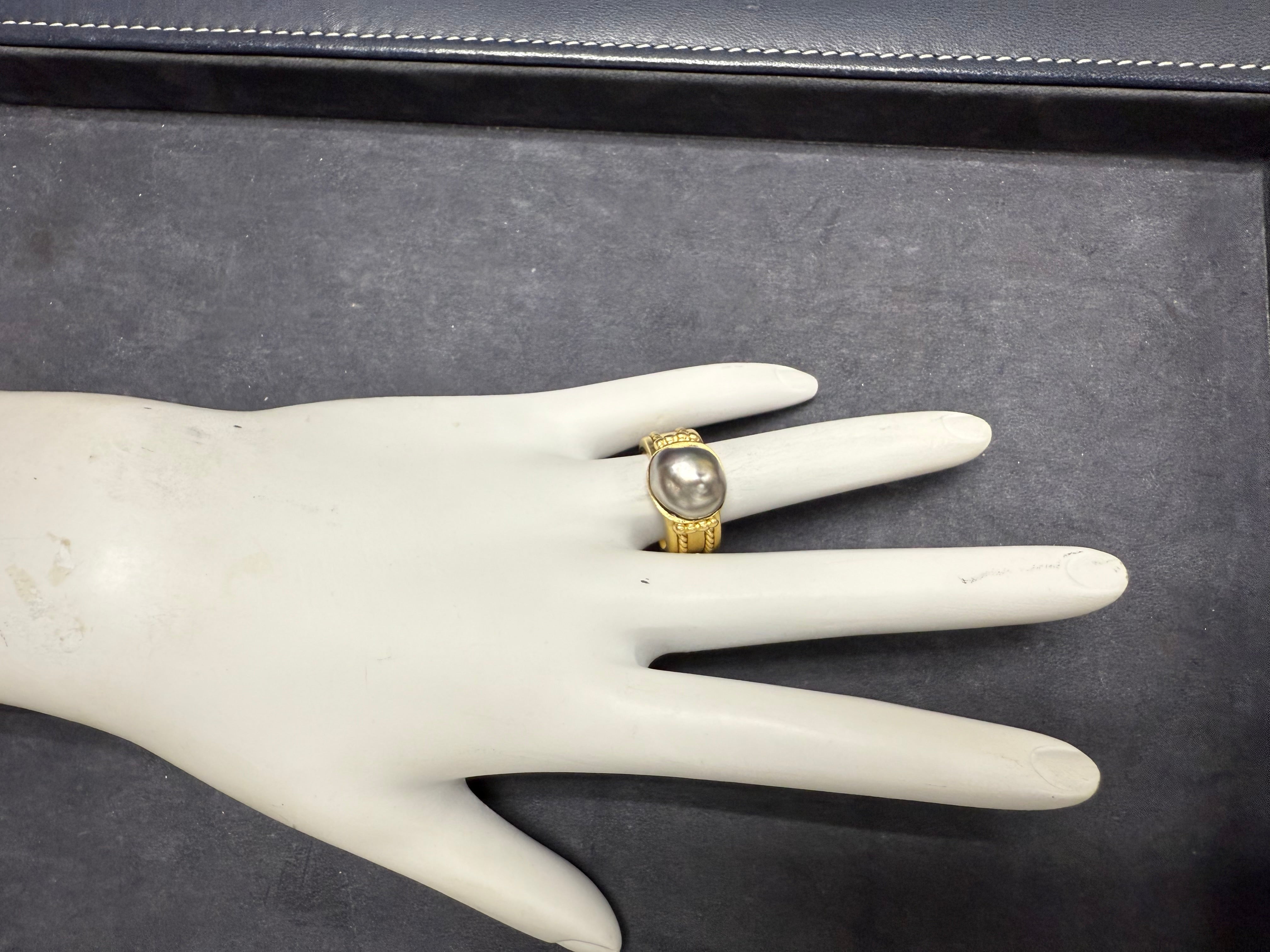 Retro Yellow Gold Black Tahitian Baroque Pearl Statement Ring Circa 2000