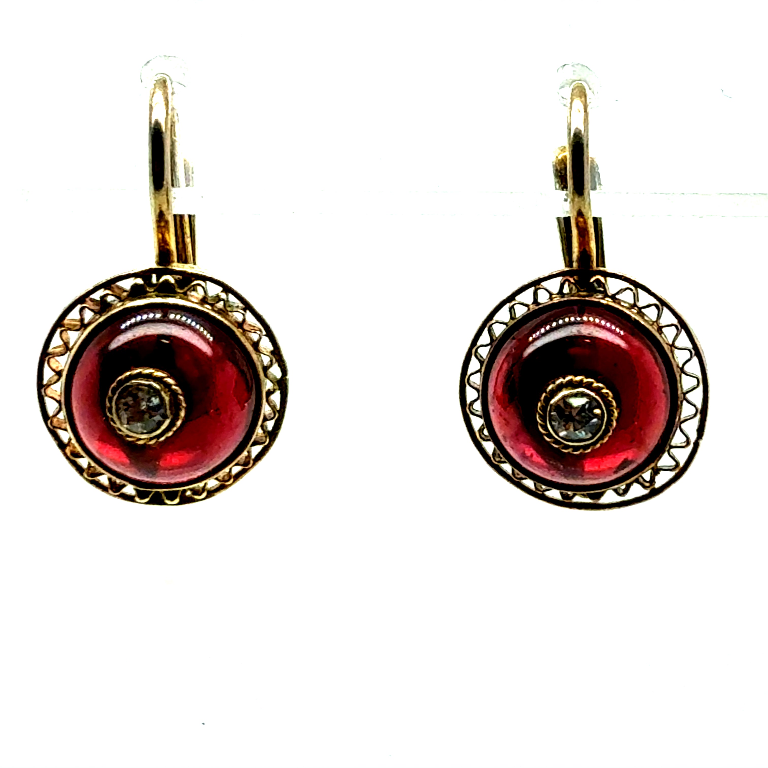 Retro Yellow Gold Natural Diamond And Red Enamel Filigree Earrings Circa 1960
