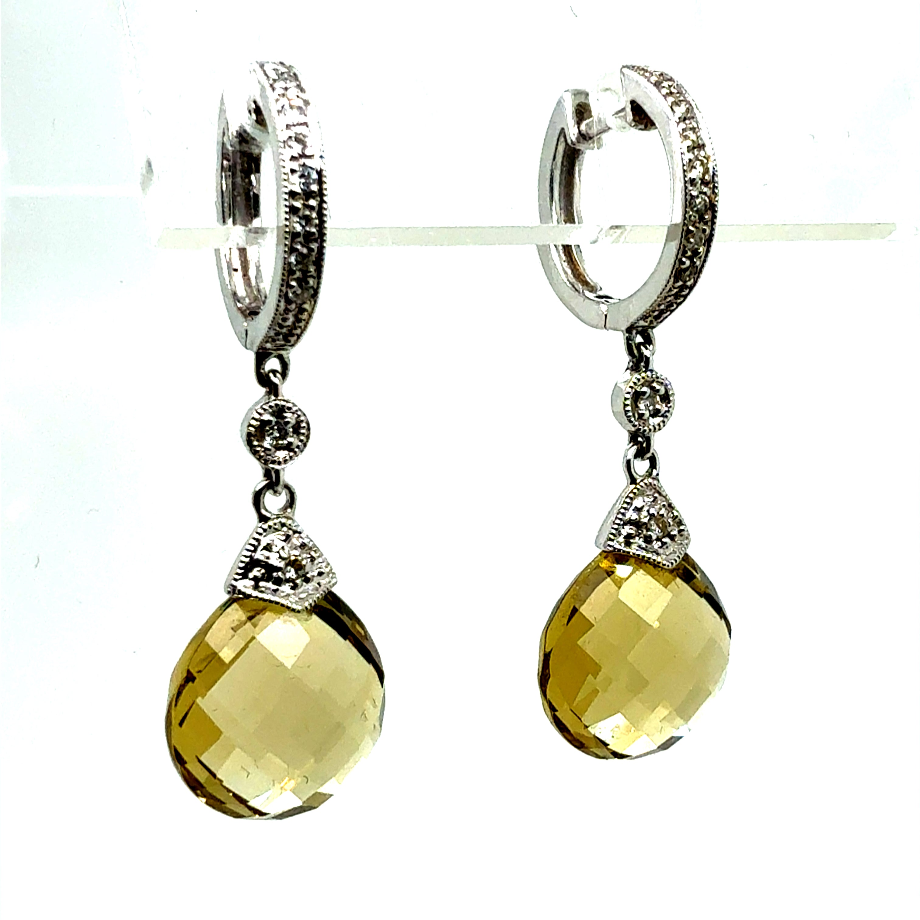 Modern 14K White Gold Rose-Cut Citrine Quartz and Natural Diamond Drop Earrings