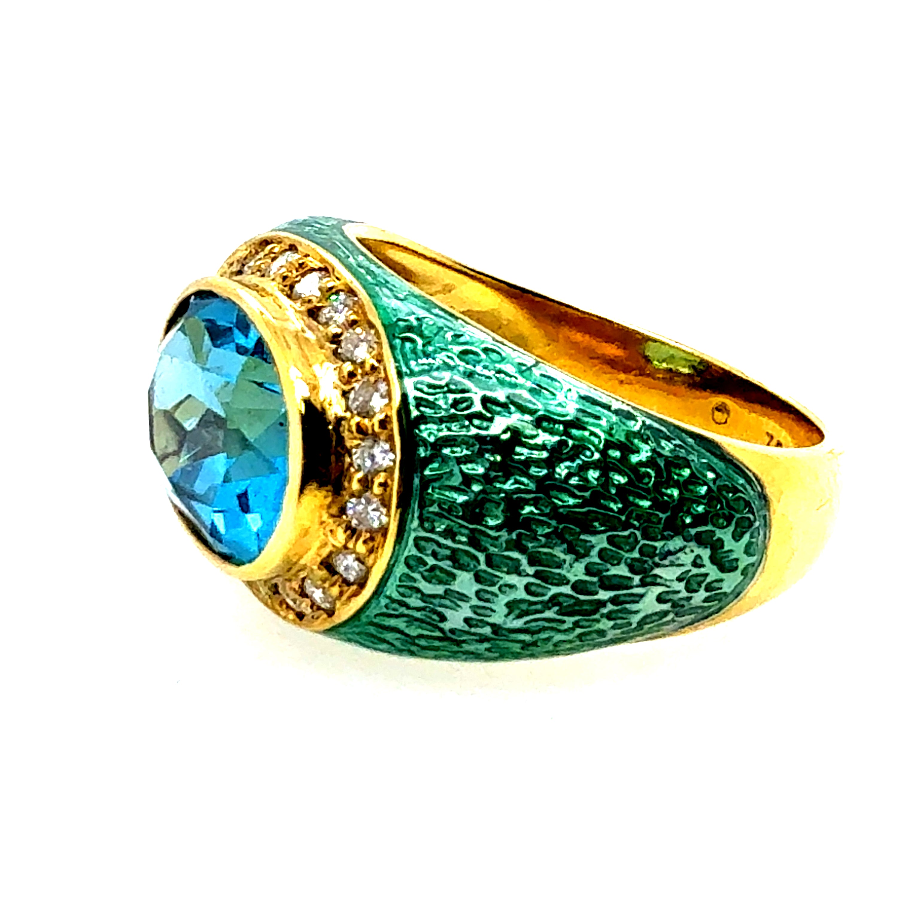 Modern Gold Natural Diamond, Blue Topaz & Enamel Statement Ring by Hidalgo