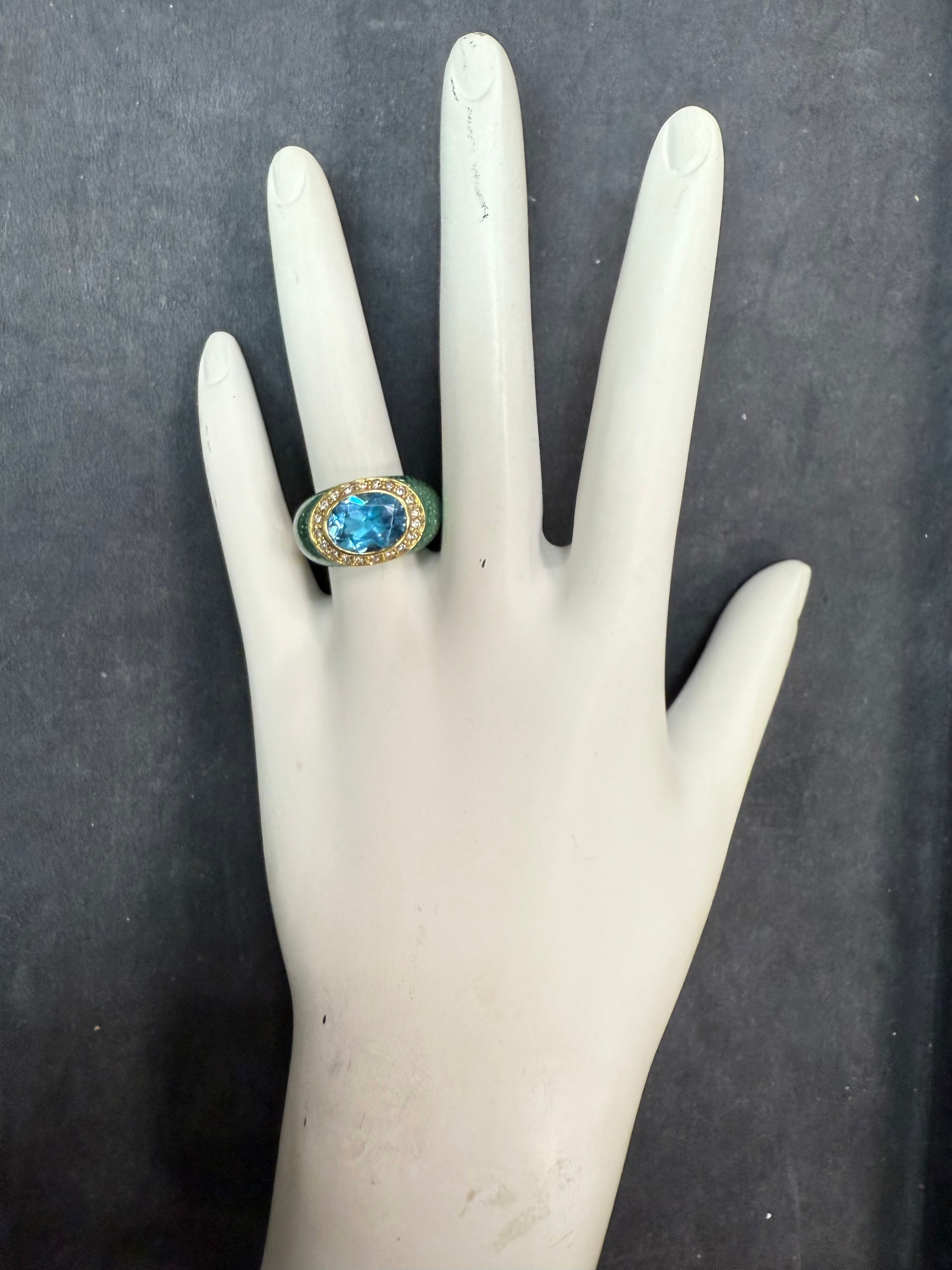 Modern Gold Natural Diamond, Blue Topaz & Enamel Statement Ring by Hidalgo