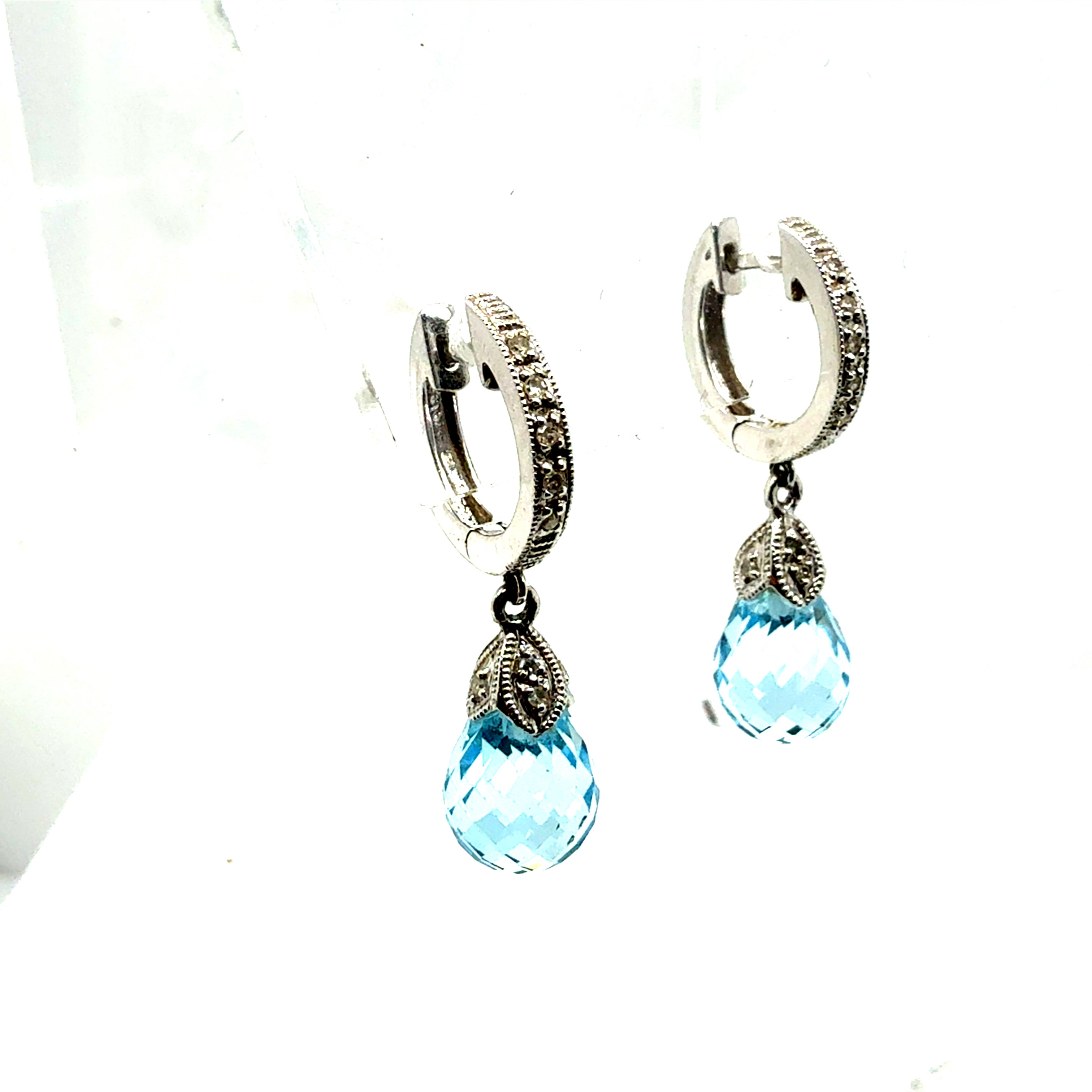 Modern 14K White Gold Blue Topaz Briolette & Natural Diamond Drop Earrings
