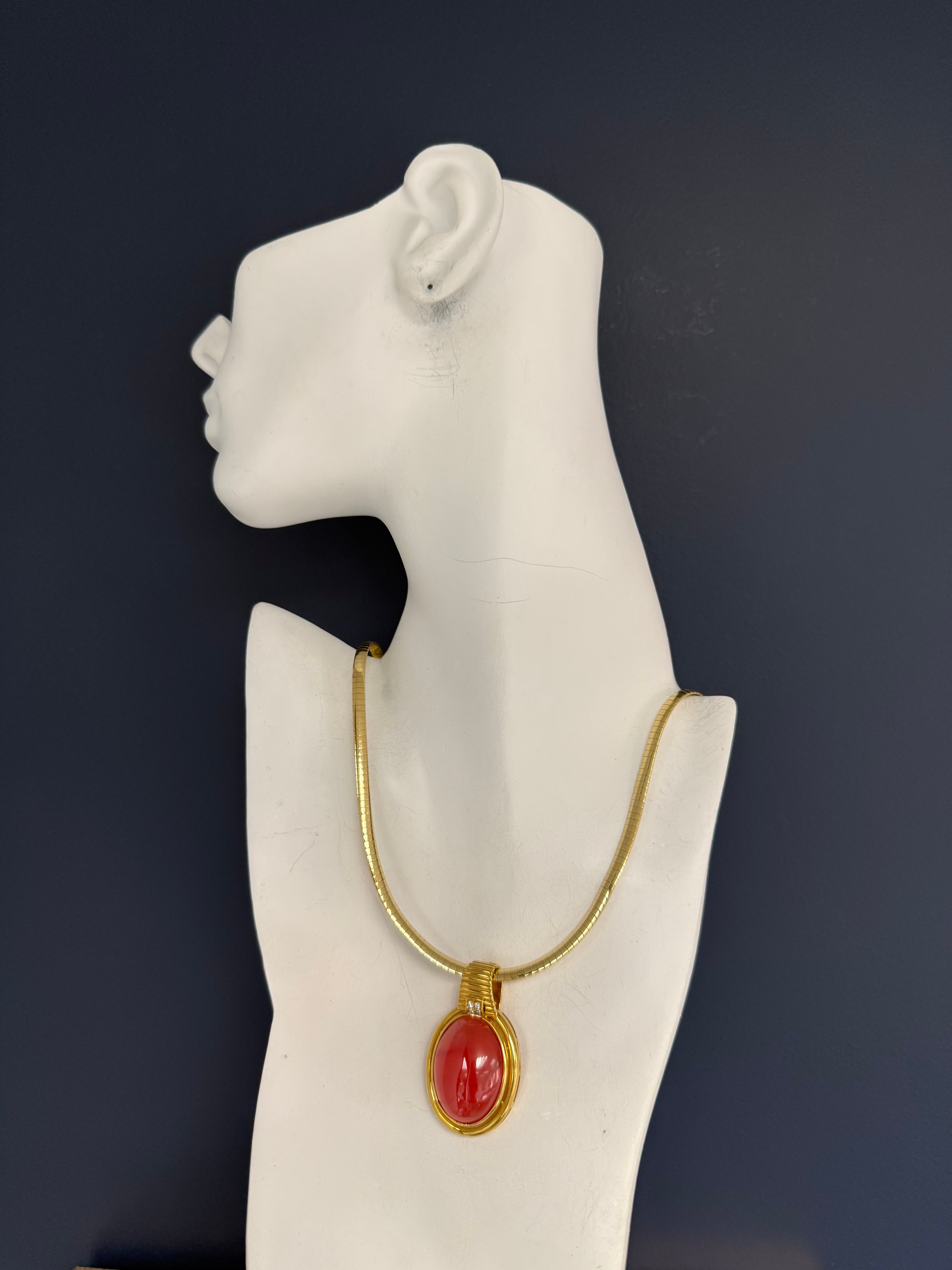 Retro Gold Natural Rhodochrosite & Diamond Statement Pendant Circa 1970