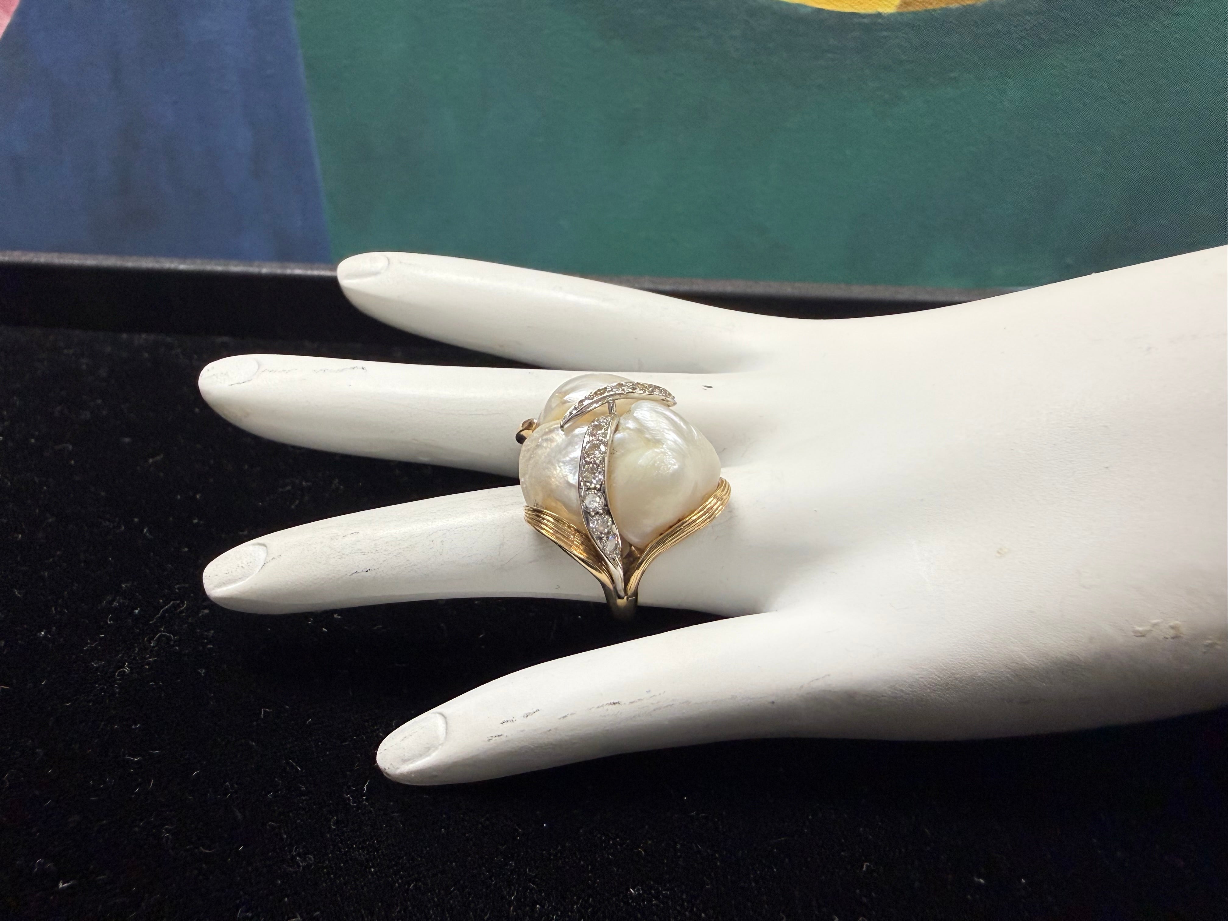 Retro Yellow Gold 0.75 Carat Natural Diamond and Pearl Cocktail Ring Circa 1960