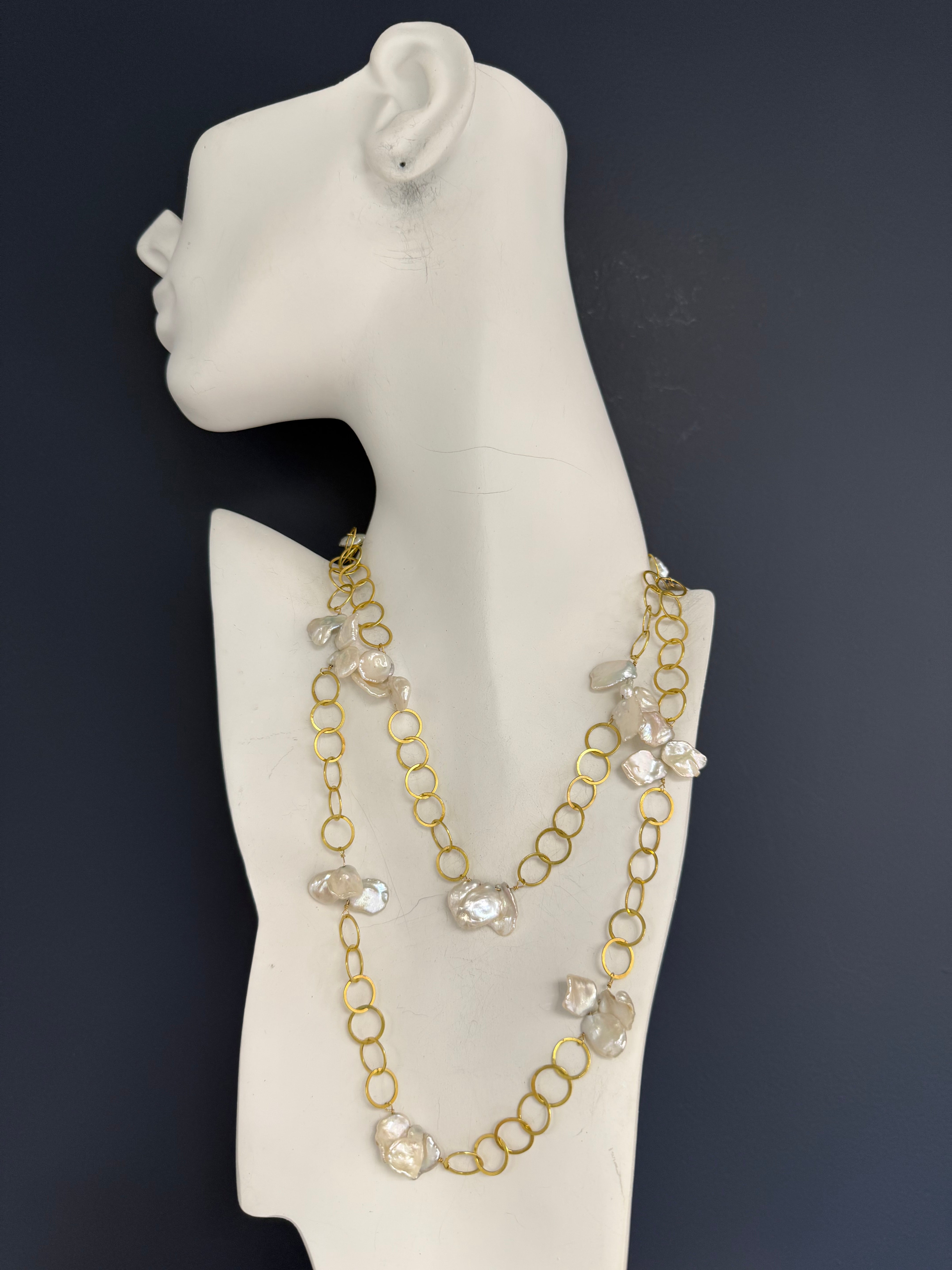 Retro Yellow Gold 36-Inch Keshi Pearl Opera Circular Ring Necklace Circa 1990