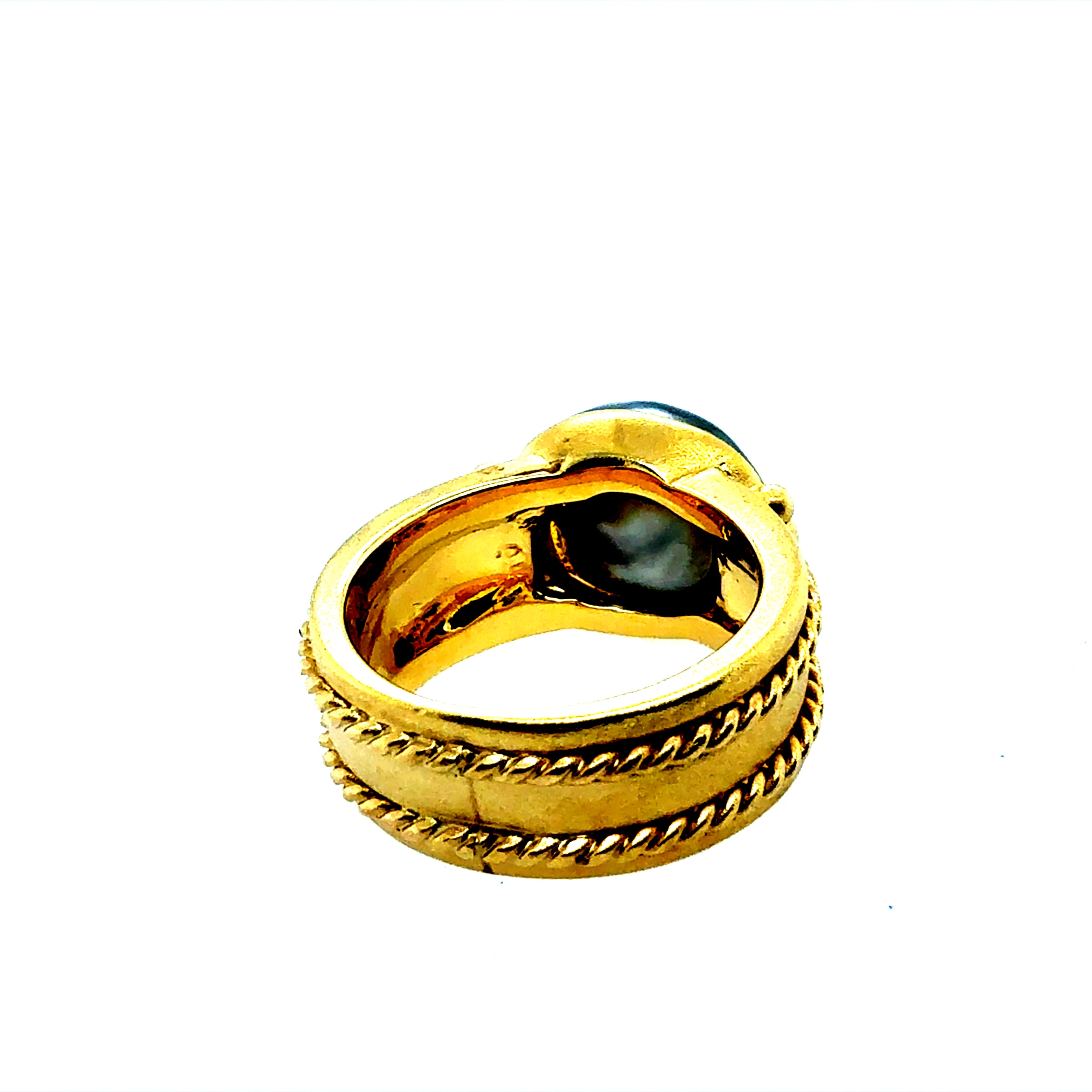 Retro Yellow Gold Black Tahitian Baroque Pearl Statement Ring Circa 2000