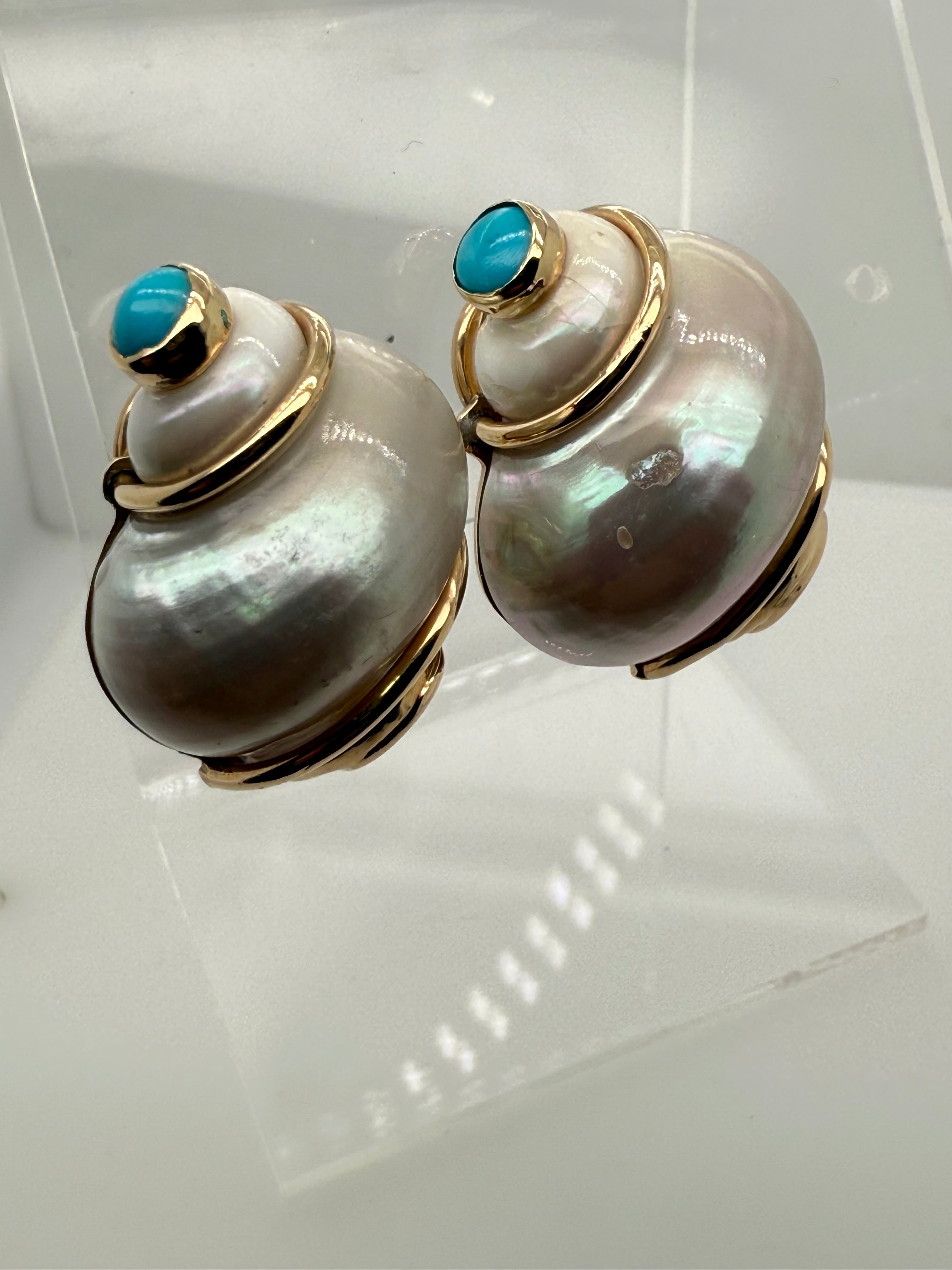 Retro Gold Seaman Schepps Turbo Shell Turquoise & Coral Statement Earrings