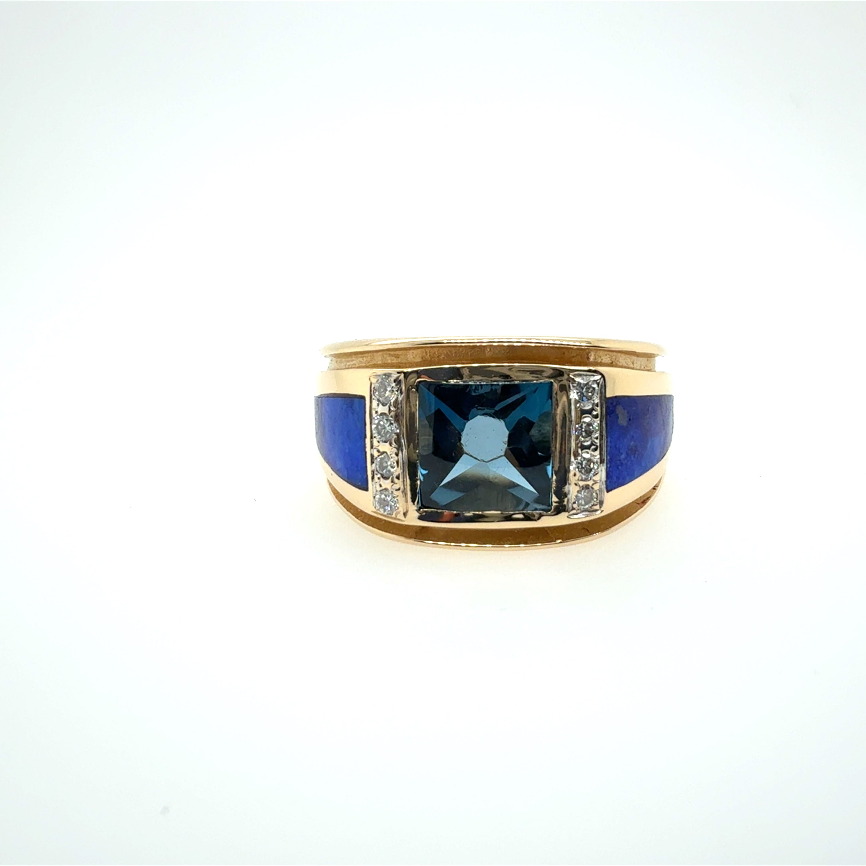Retro Gold Natural London Blue Topaz & Diamond Mens Ring Circa 1980