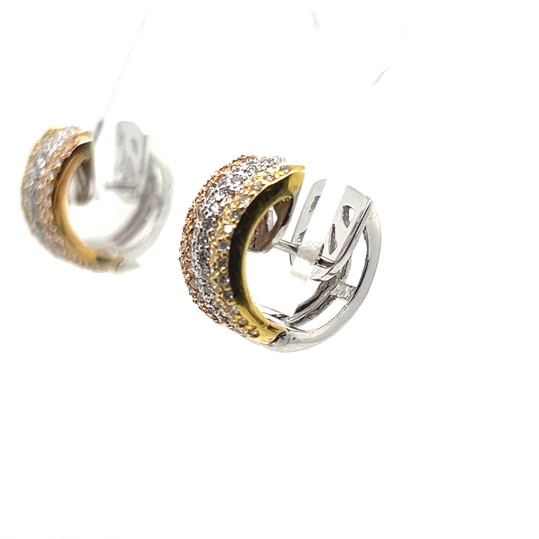Modern Gold Tricolor Huggie Earrings with 1.50ct Natural Diamonds