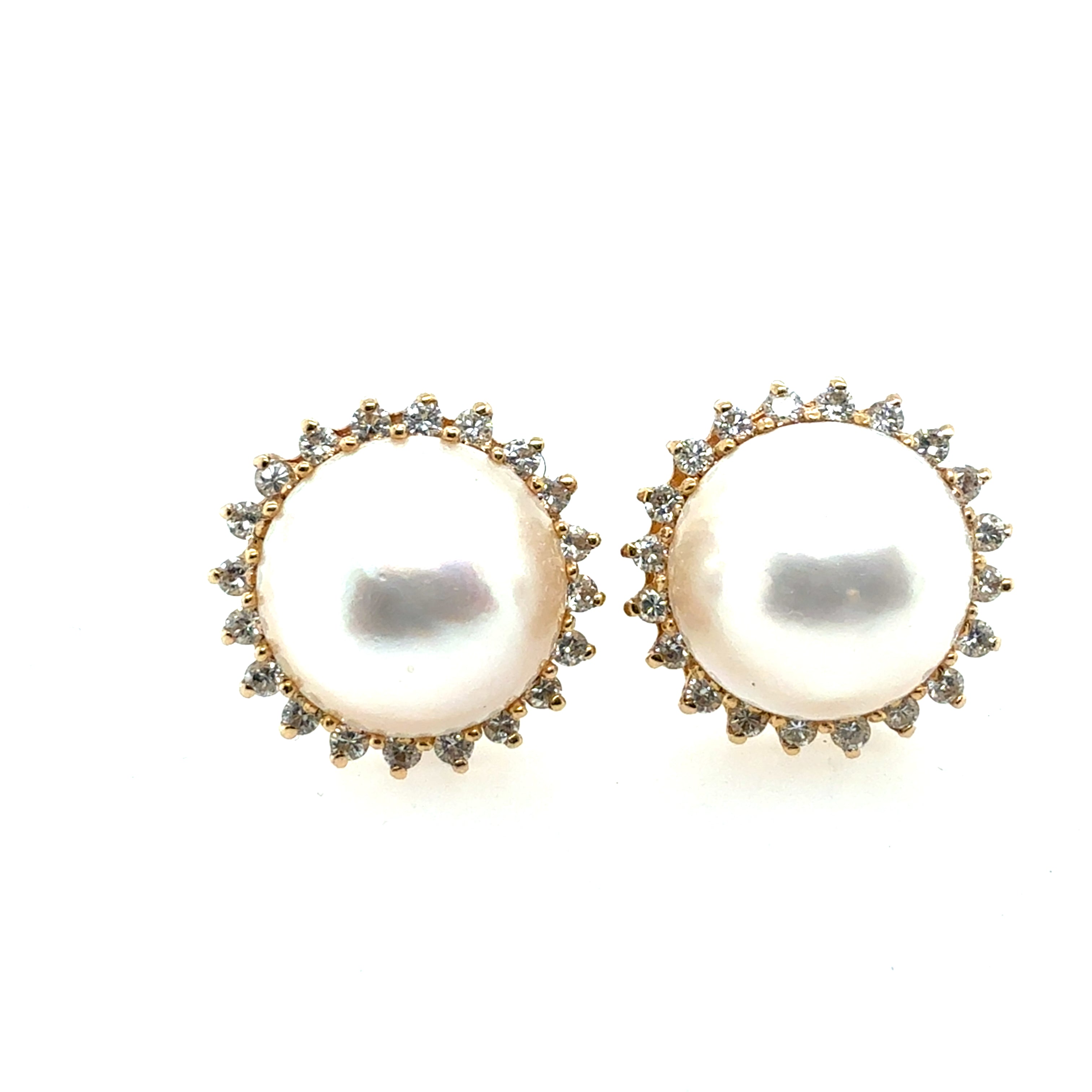 Retro 14K Yellow Gold Mabe 1.2 Carat Natural Diamond & Pearl Statement Earrings