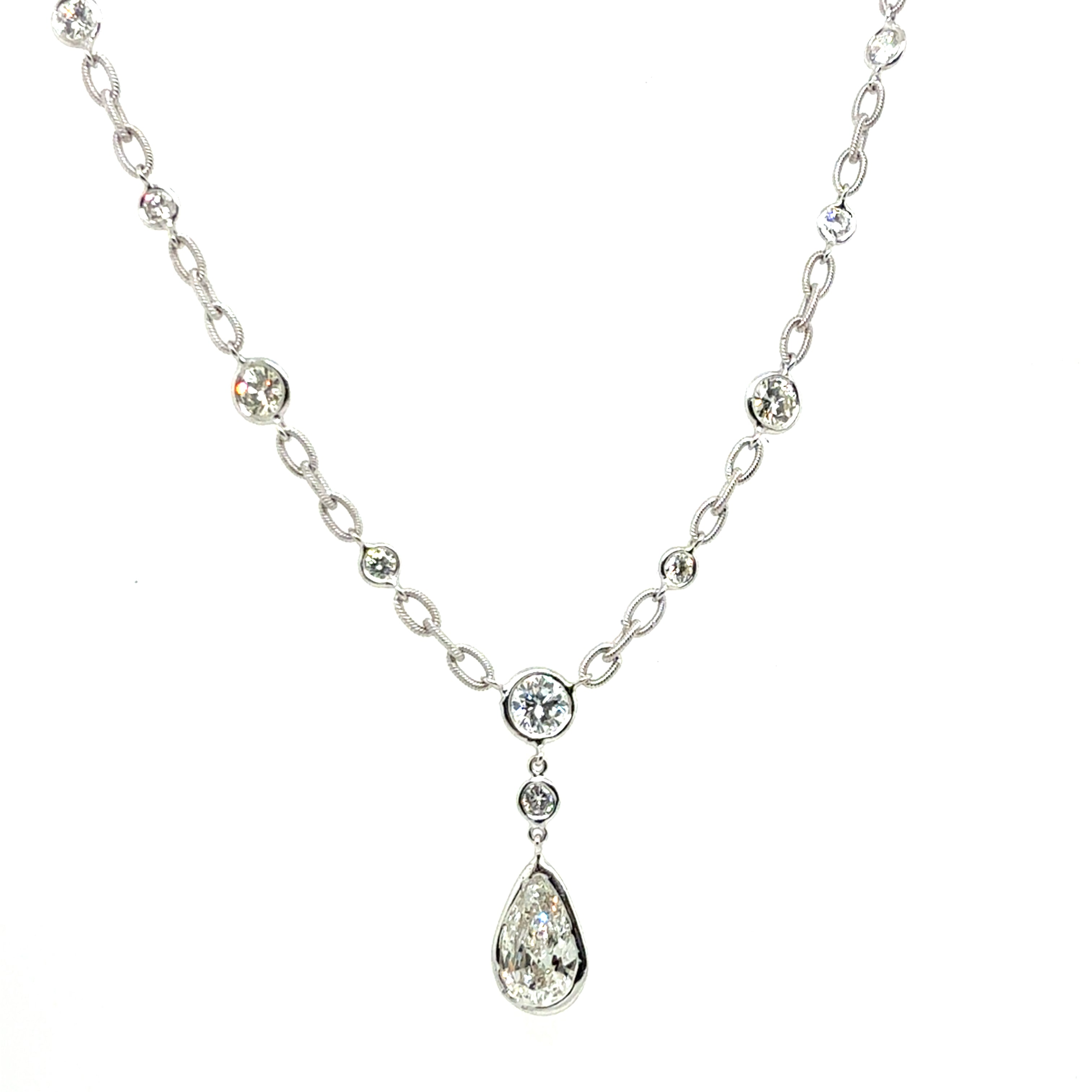 Retro Gold 3.58 Carat GIA Certified Pear & Round Natural Diamond Necklace 1990