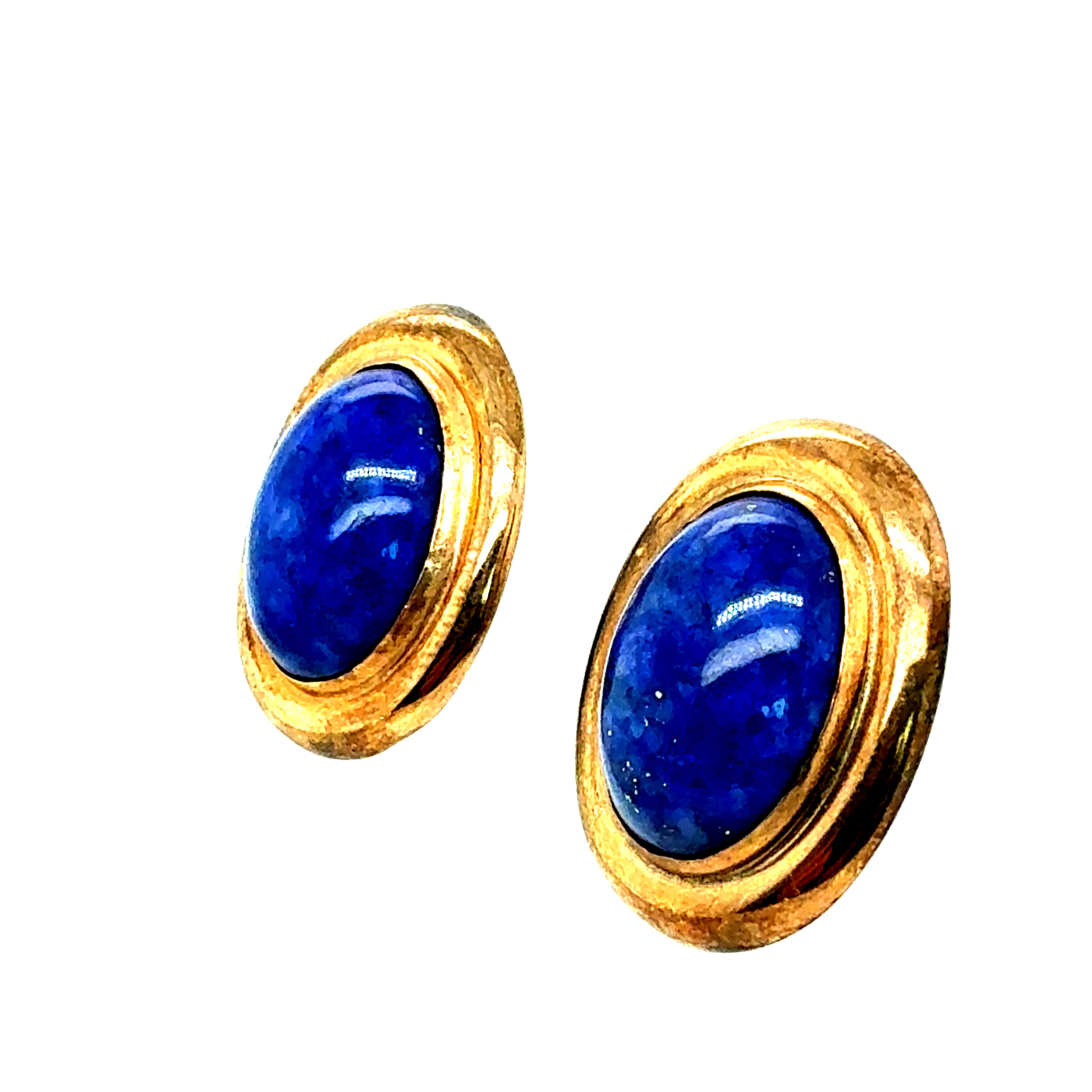 Retro Yellow Gold Oval Blue Lapis Lazuli Cabochon Statement Earrings Circa 1970