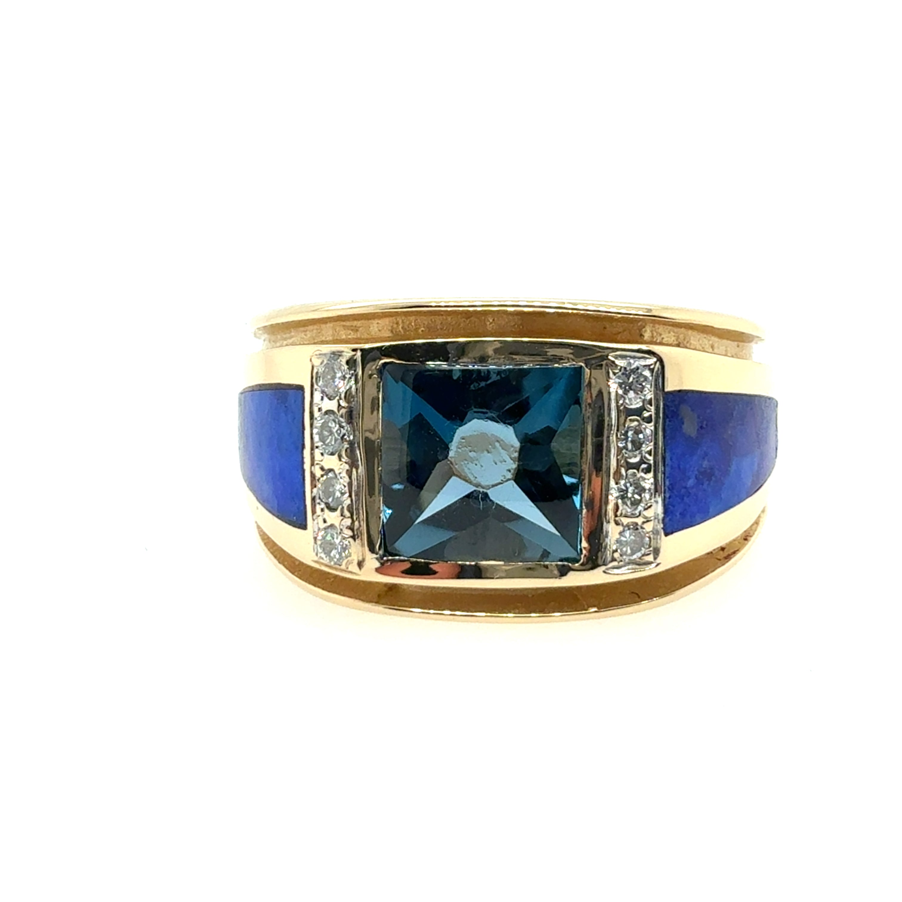 Retro Gold Natural London Blue Topaz & Diamond Mens Ring Circa 1980