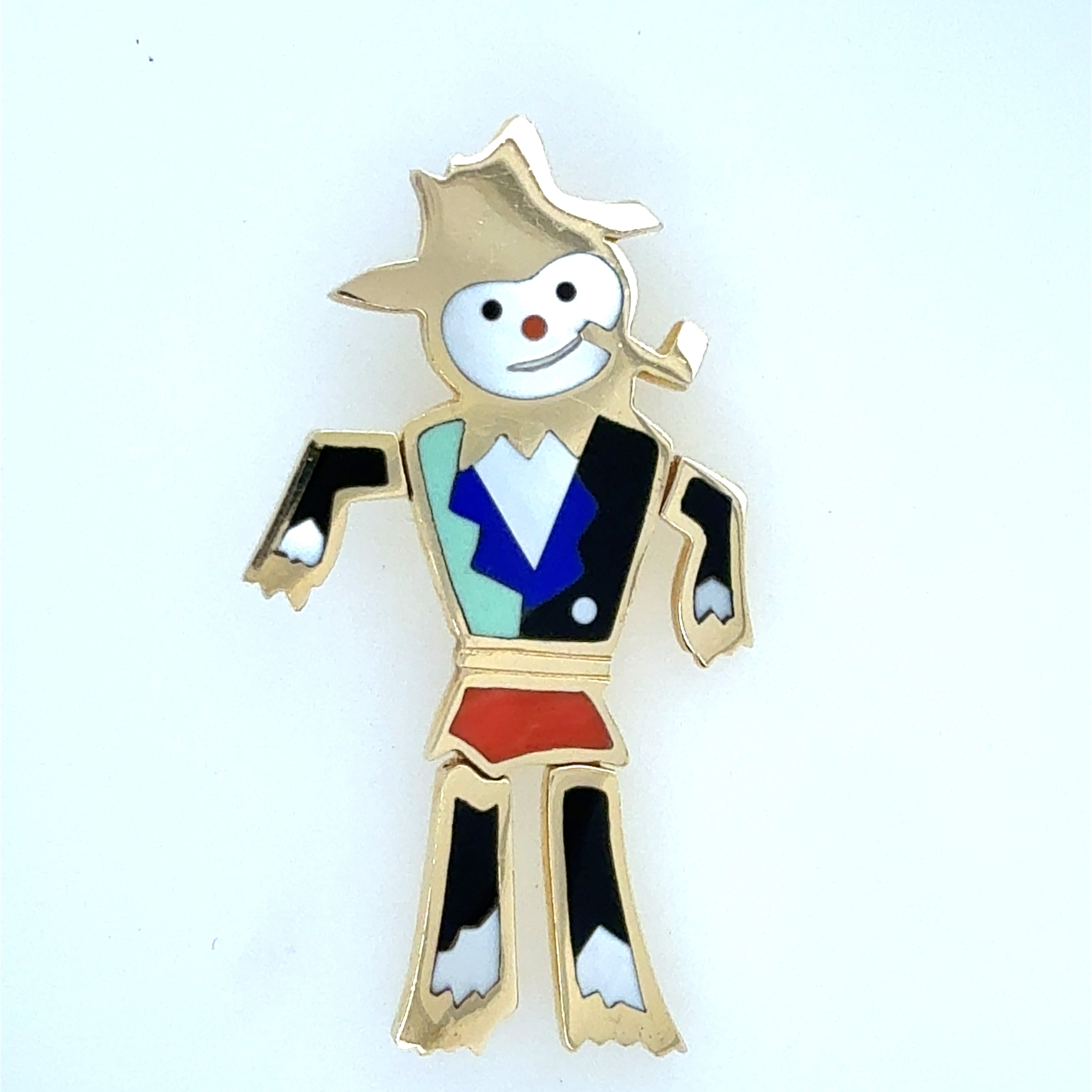 Retro Yellow Gold Snowman Pin Brooch Lapis Onyx MOP Inlay Circa 1990