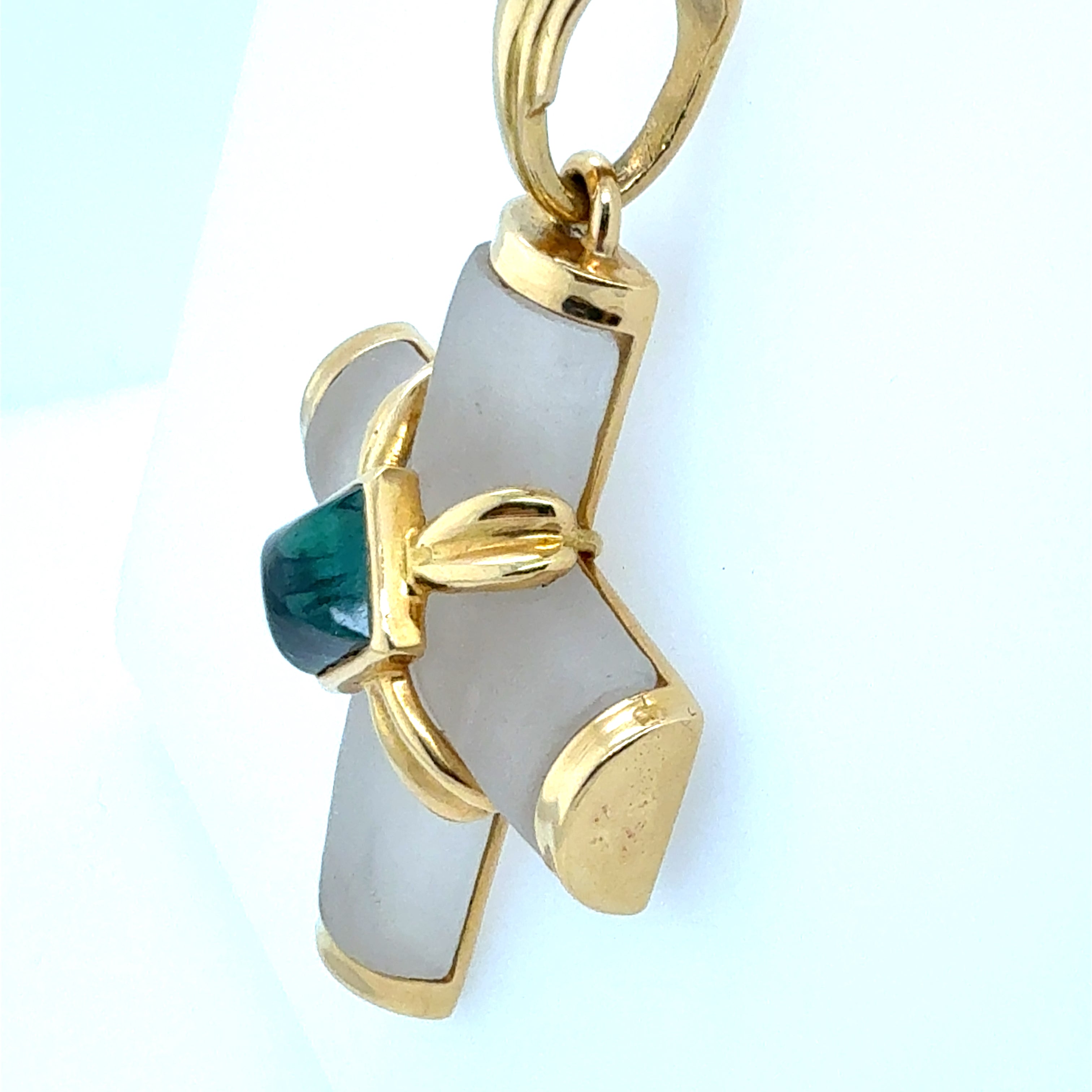 Retro Yellow Gold Natural Green Tourmaline Cab Greek Cross Statement Pendant