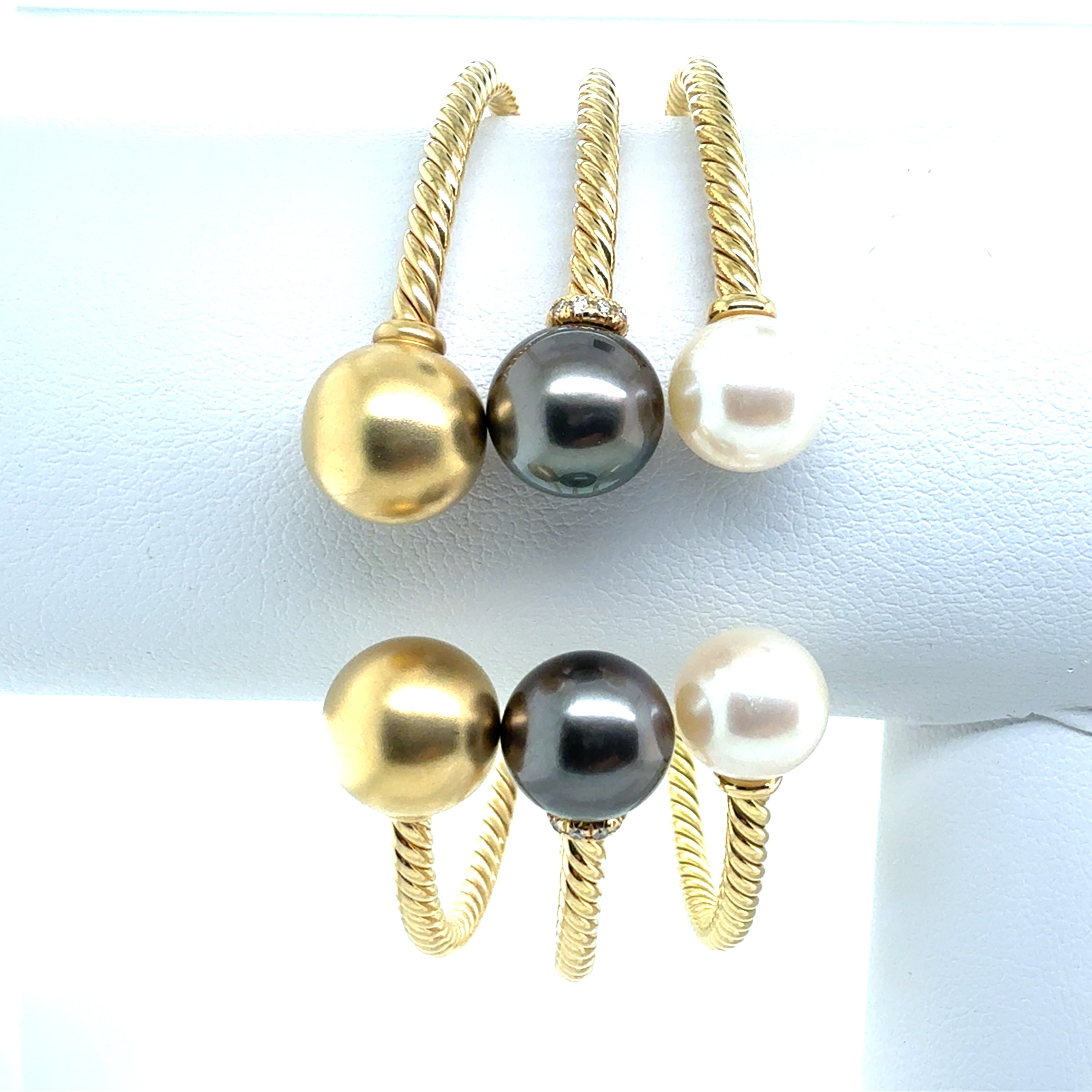 Modern Gold David Yurman Solari Pearl & Diamond Flex Bangle 3 Bracelet Set