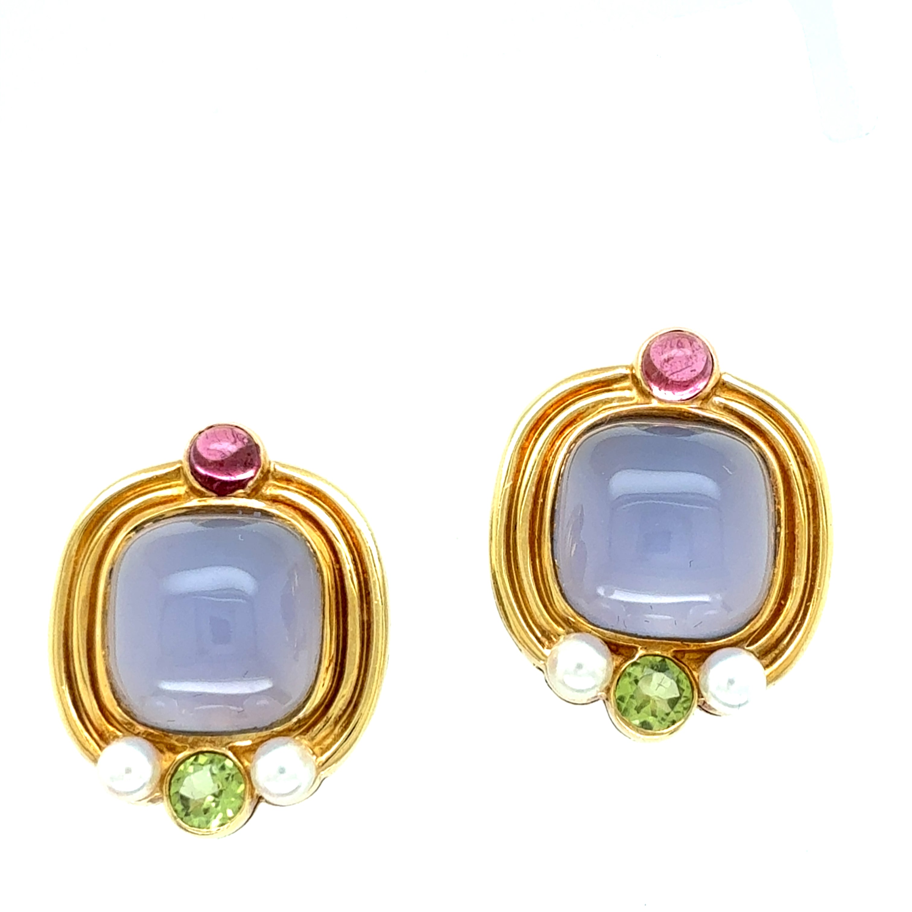 Retro Gold Cabochon Earrings with Chalcedony, Tourmaline & Peridot