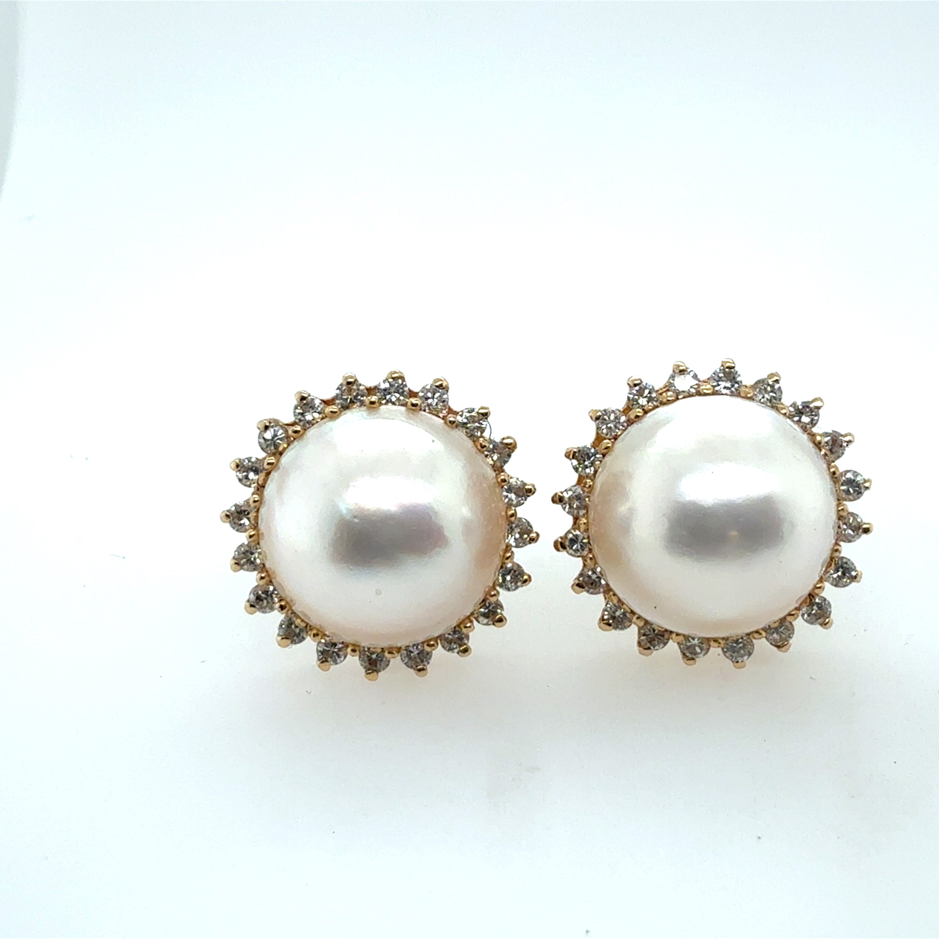 Retro 14K Yellow Gold Mabe 1.2 Carat Natural Diamond & Pearl Statement Earrings
