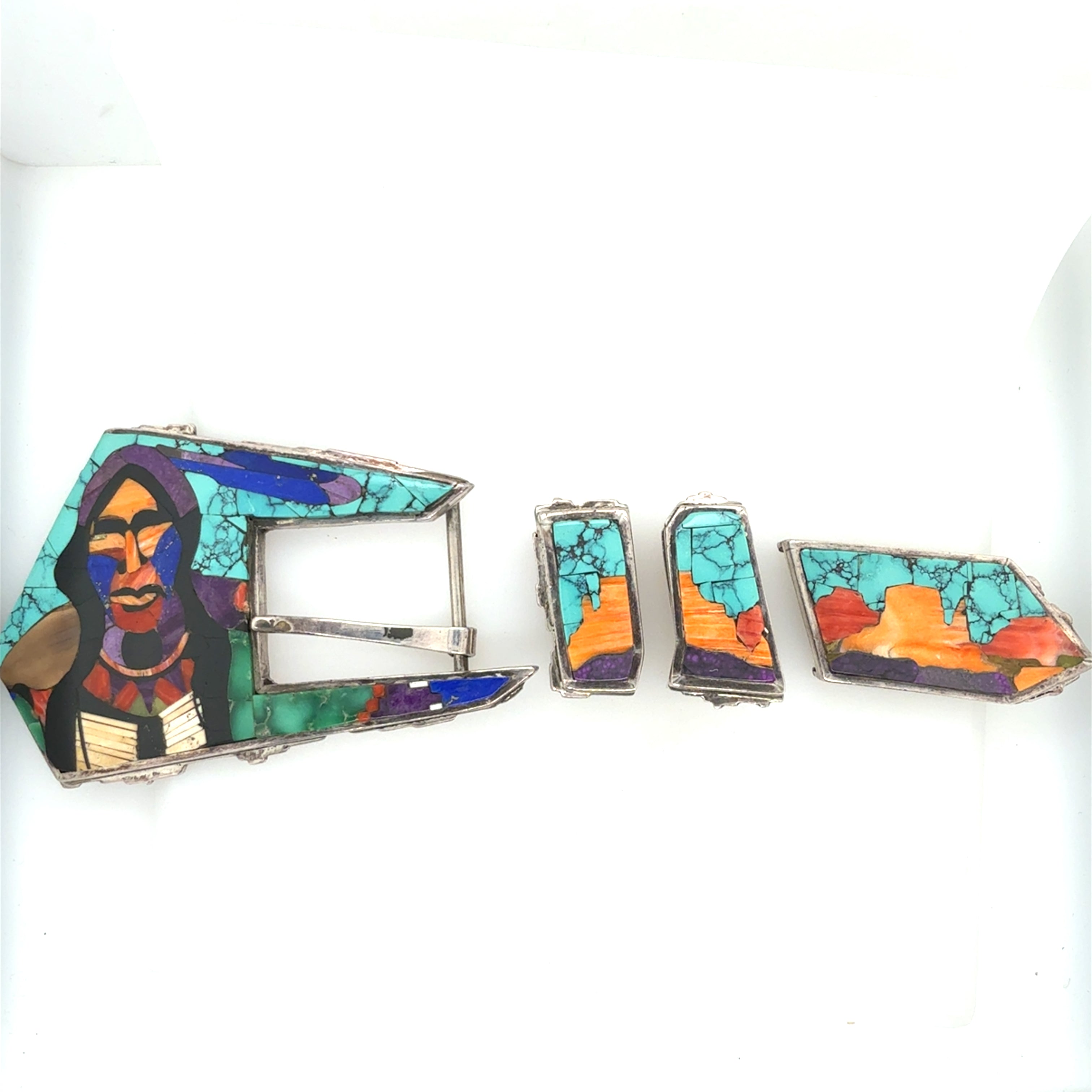 Retro Silver Gemstone Inlay Belt Buckle by Danny Romero
