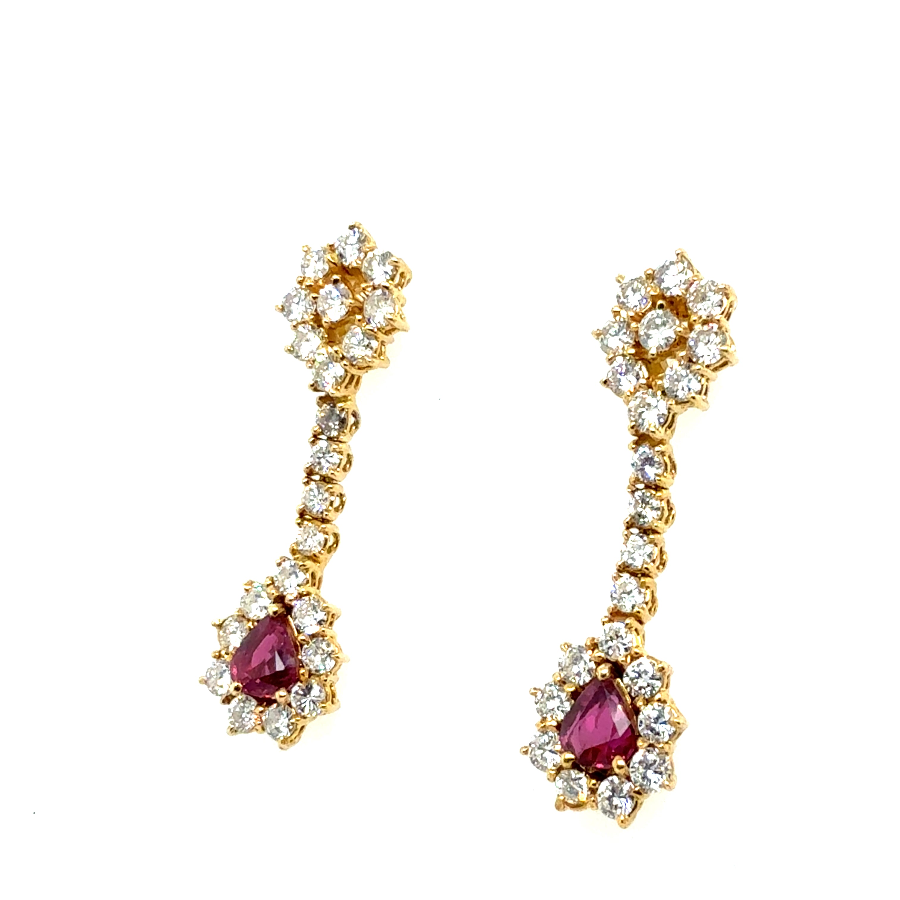 Retro Gold 4.5 Carat Natural Diamond & Thai Ruby Drop Earrings Circa 1975