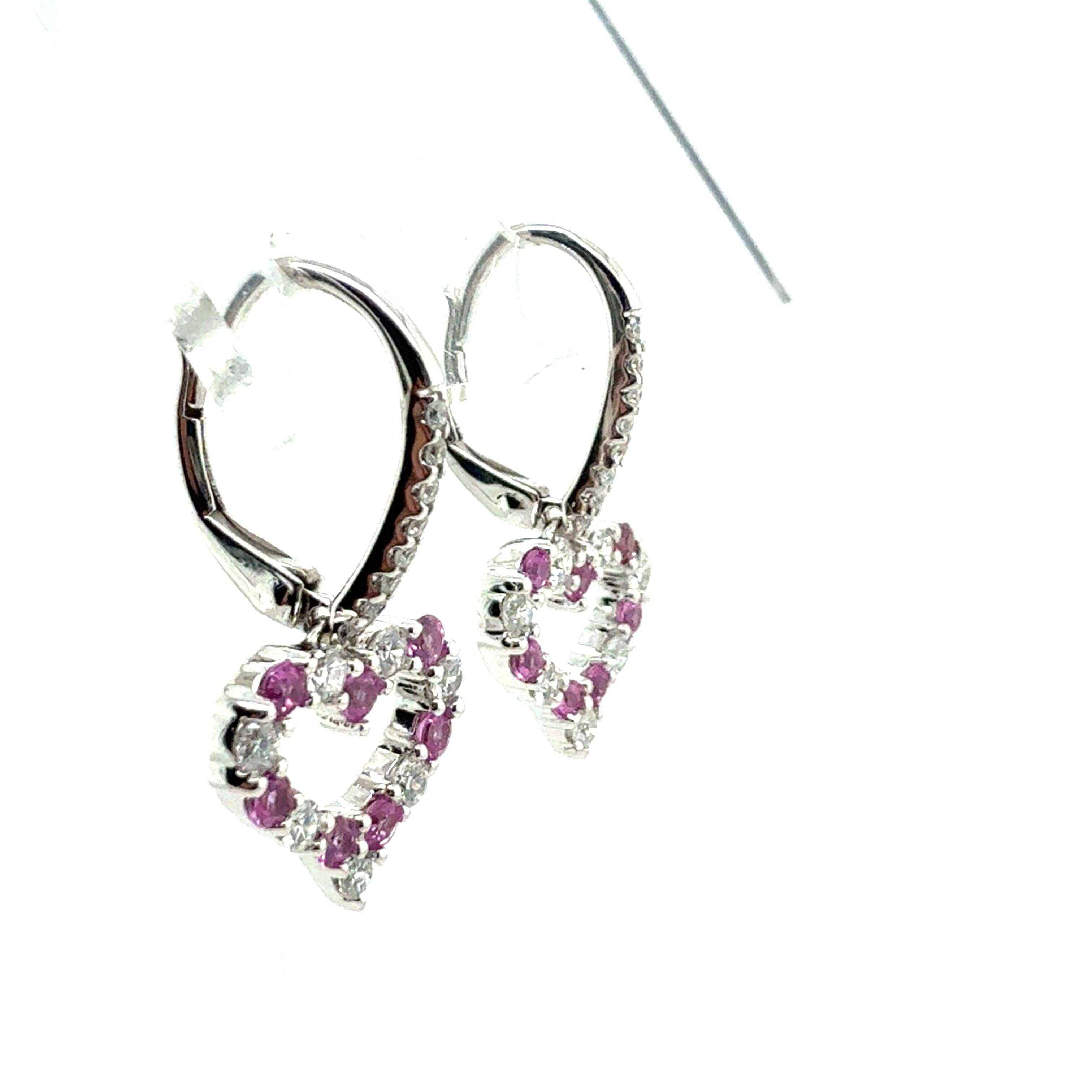 Modern White Gold 1.08 CT Natural Diamond & Pink Sapphire Heart Drop Earrings
