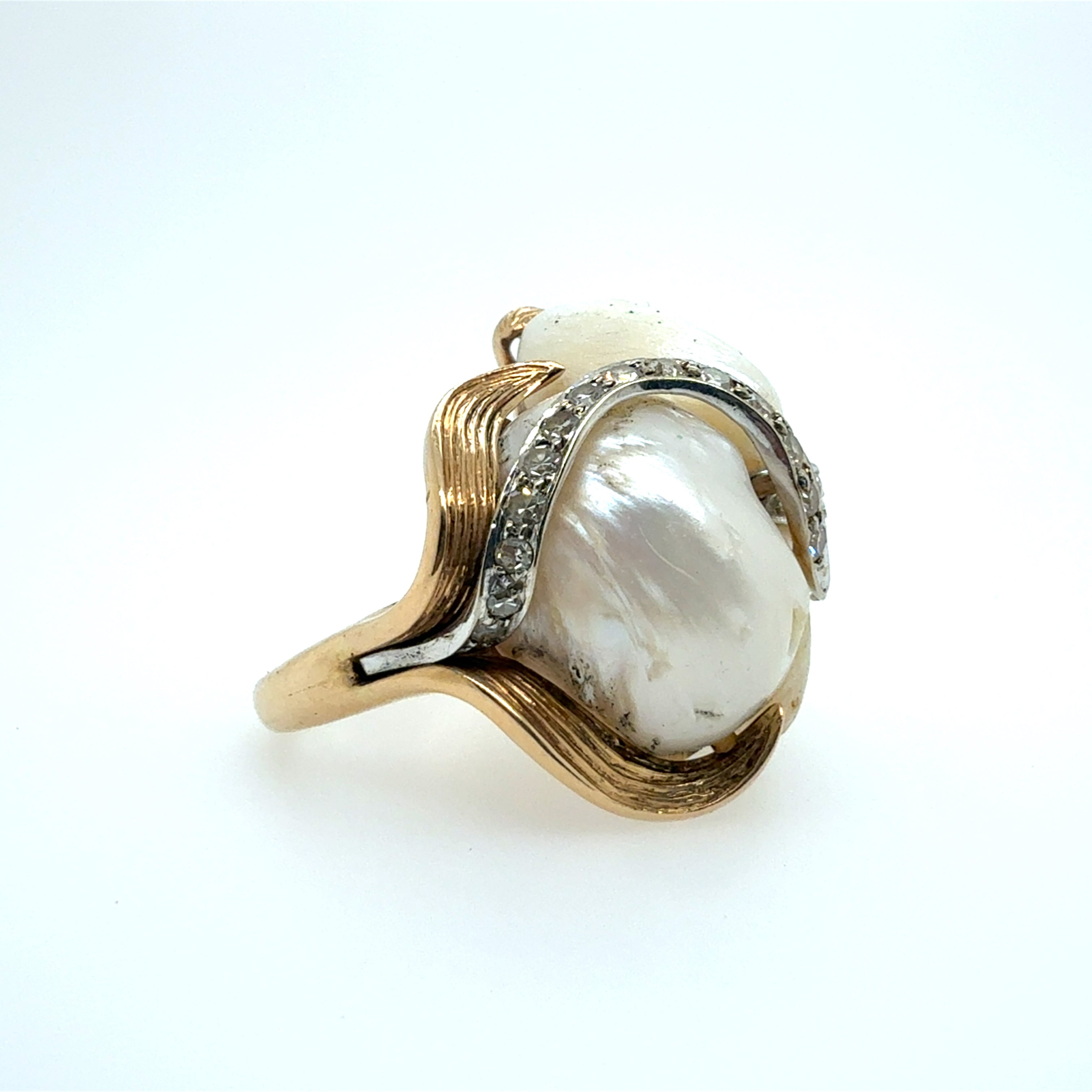 Retro Yellow Gold 0.75 Carat Natural Diamond and Pearl Cocktail Ring Circa 1960