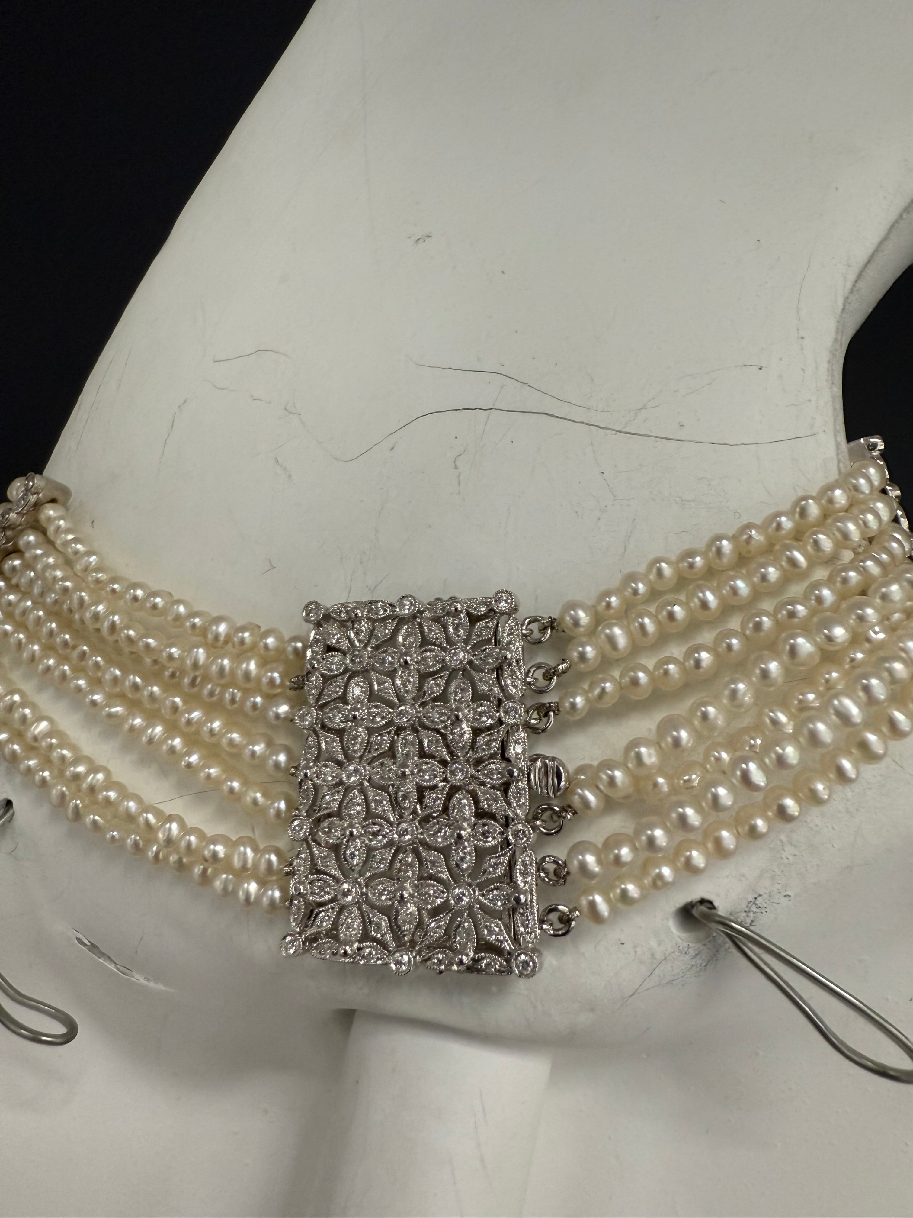 Retro Gold 7 Strand Pearl & 0.80 Carat Natural Diamond Choker Necklace 1985