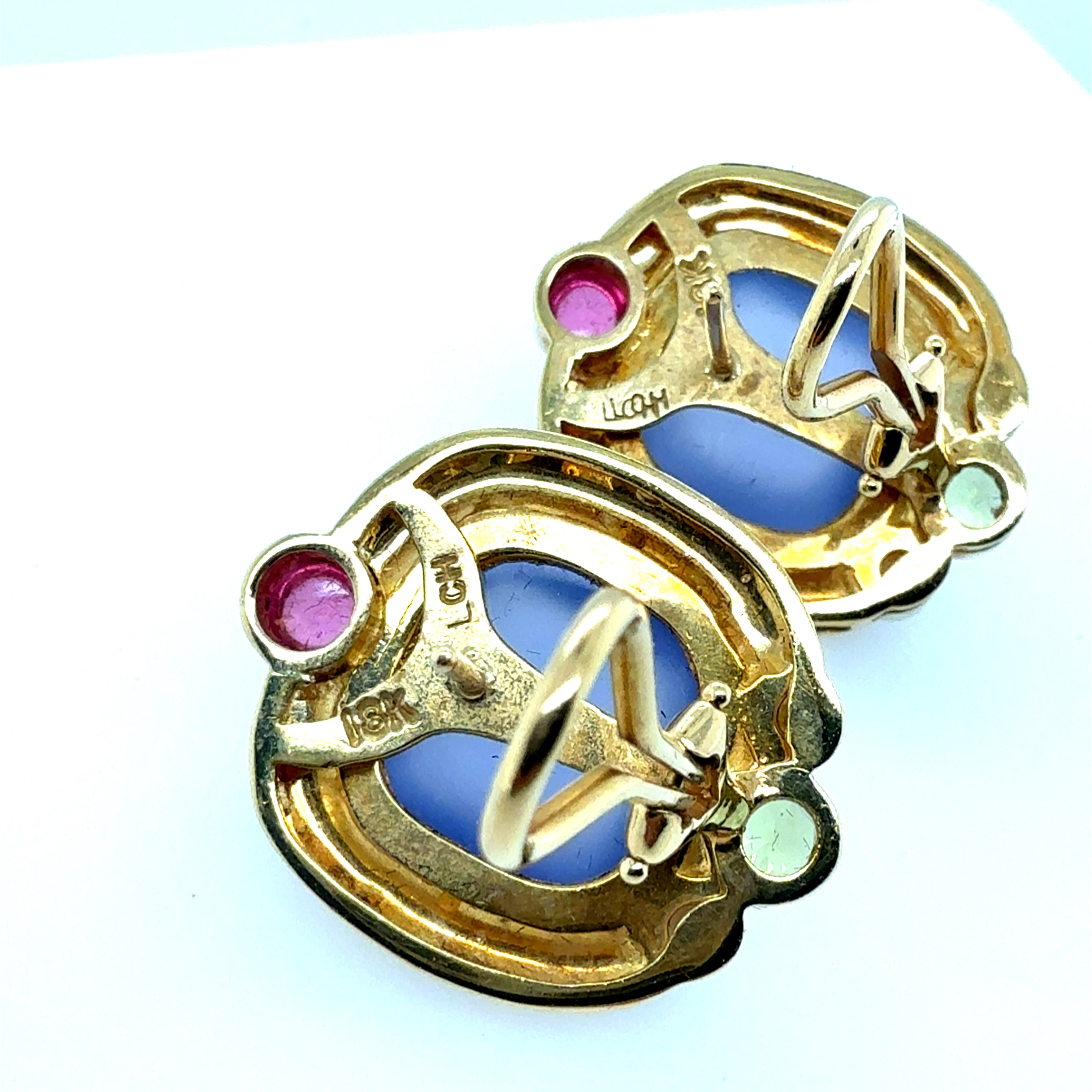 Retro Gold Cabochon Earrings with Chalcedony, Tourmaline & Peridot