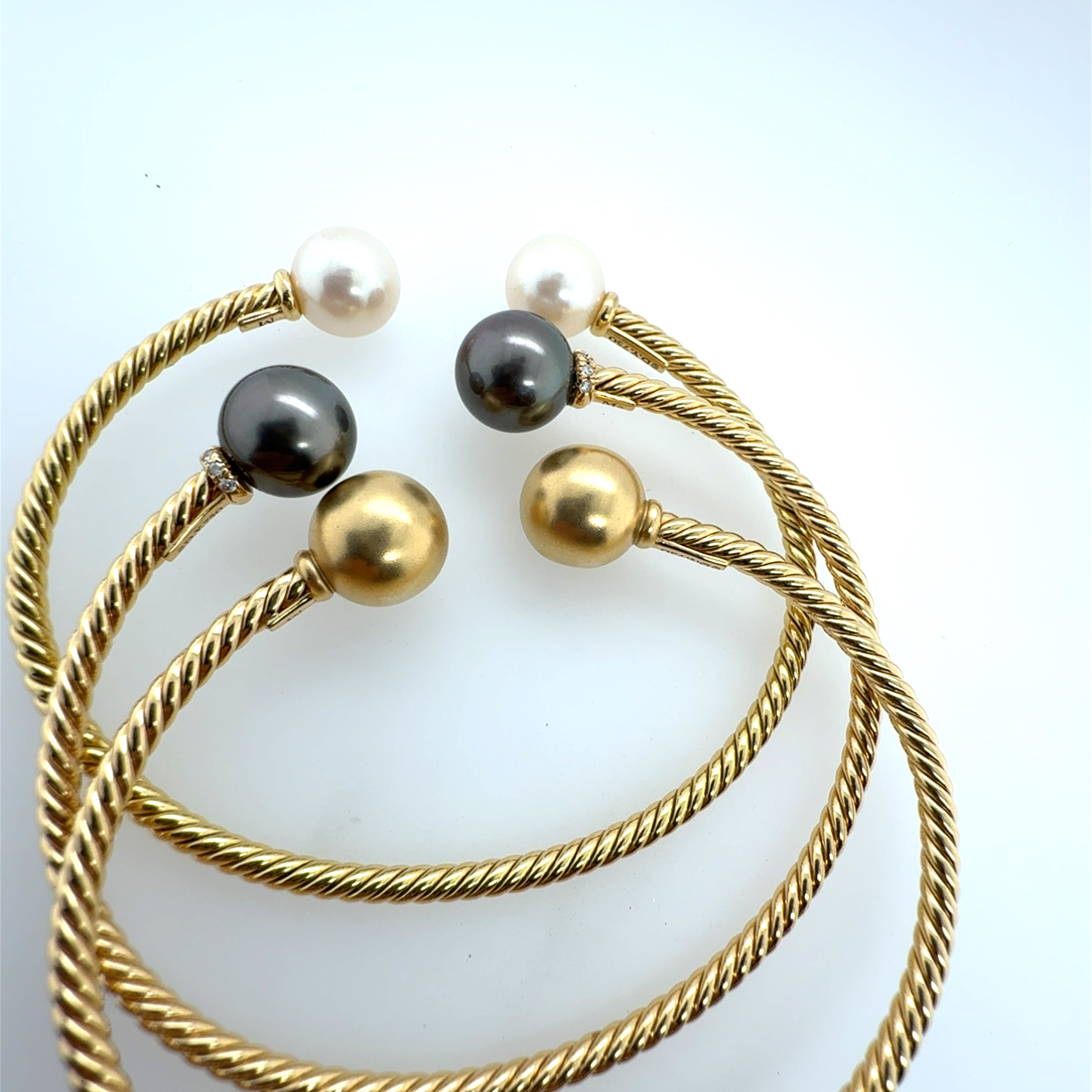 Modern Gold David Yurman Solari Pearl & Diamond Flex Bangle 3 Bracelet Set